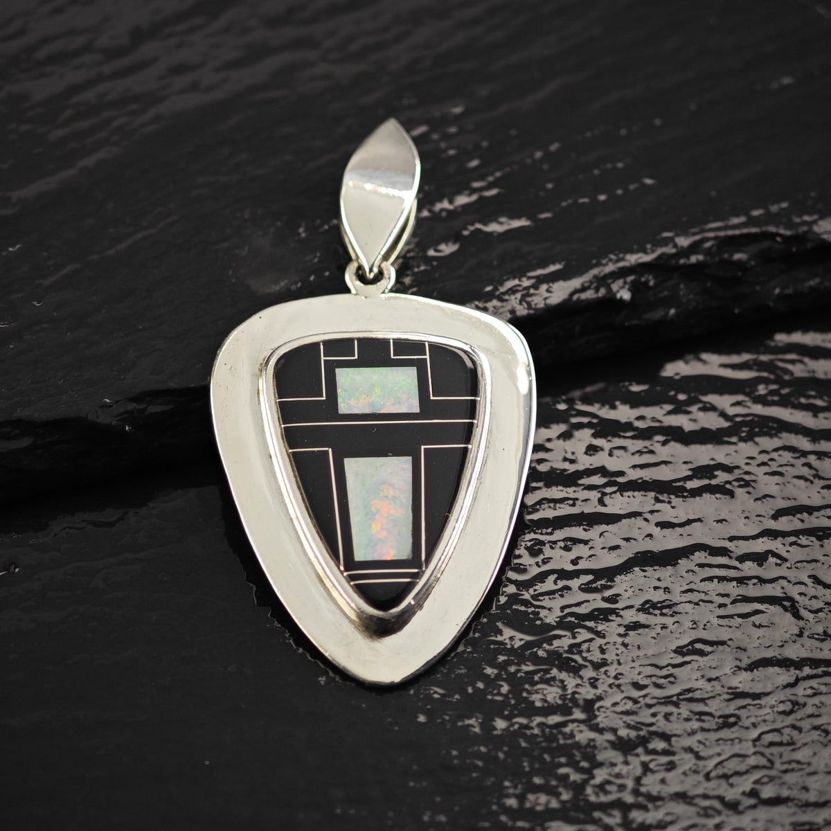 Navajo Opal Onyx Inlay Sterling Silver Pendant, Harold Stevens Jr. P3149