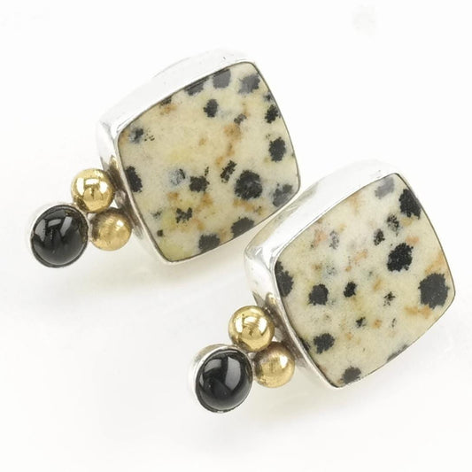 Vintage Sterling Silver Stud Earrings Dalmatian Jasper Onyx