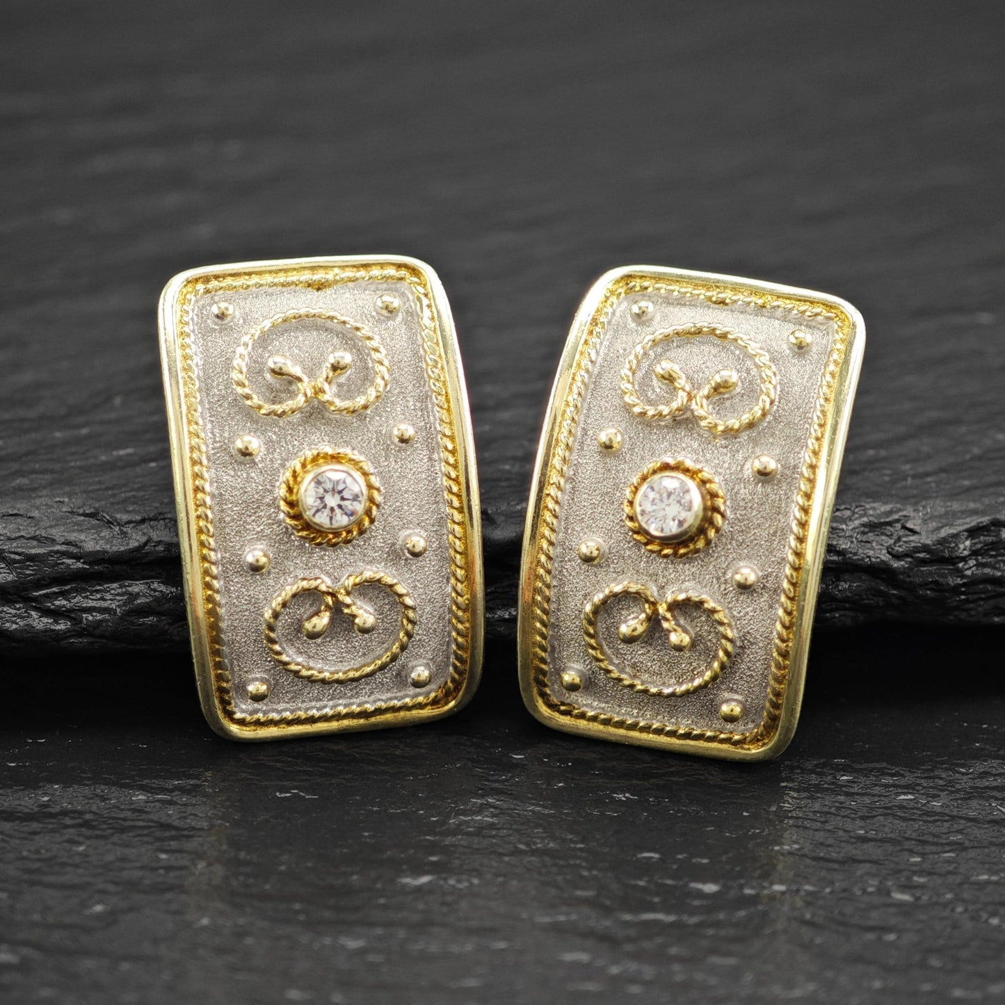 Vintage Greek Rectangular White, Gold CZ Stud Earrings Sterling Silver