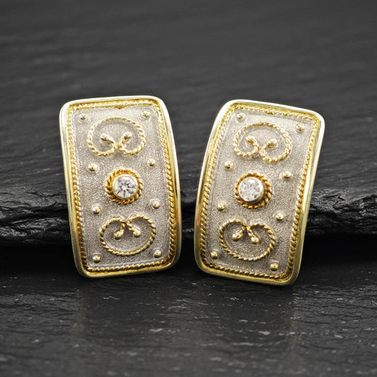 Vintage Greek Rectangular White, Gold CZ Stud Earrings Sterling Silver