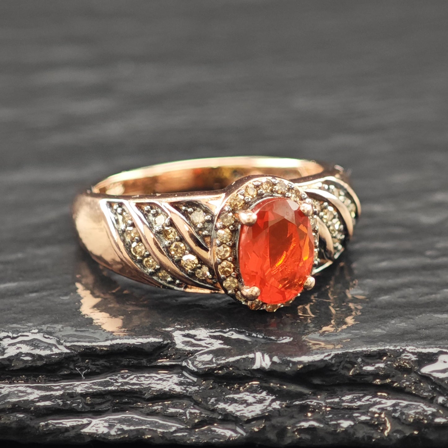 Fire Opal Brown Diamond 14K Rose Gold Plated Ring Sterling Silver Sz 5 R6170