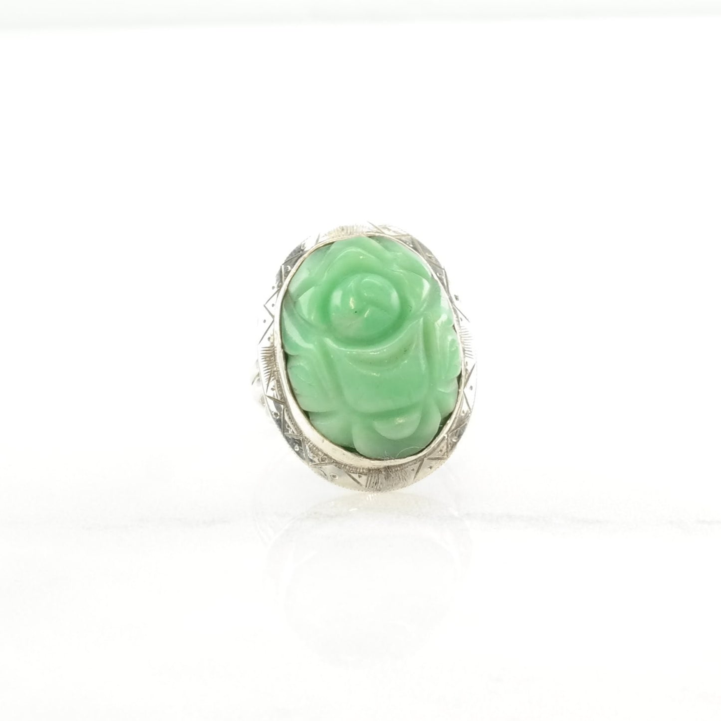 Sterling Silver Ring Jade Carved Green Size 4 3/4