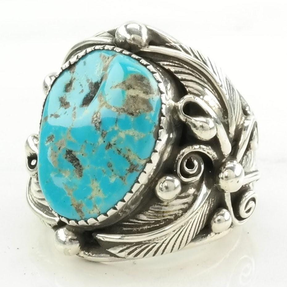 Vintage Native American Silver Ring Kingman Turquoise Leaf Sterling Blue Size 8