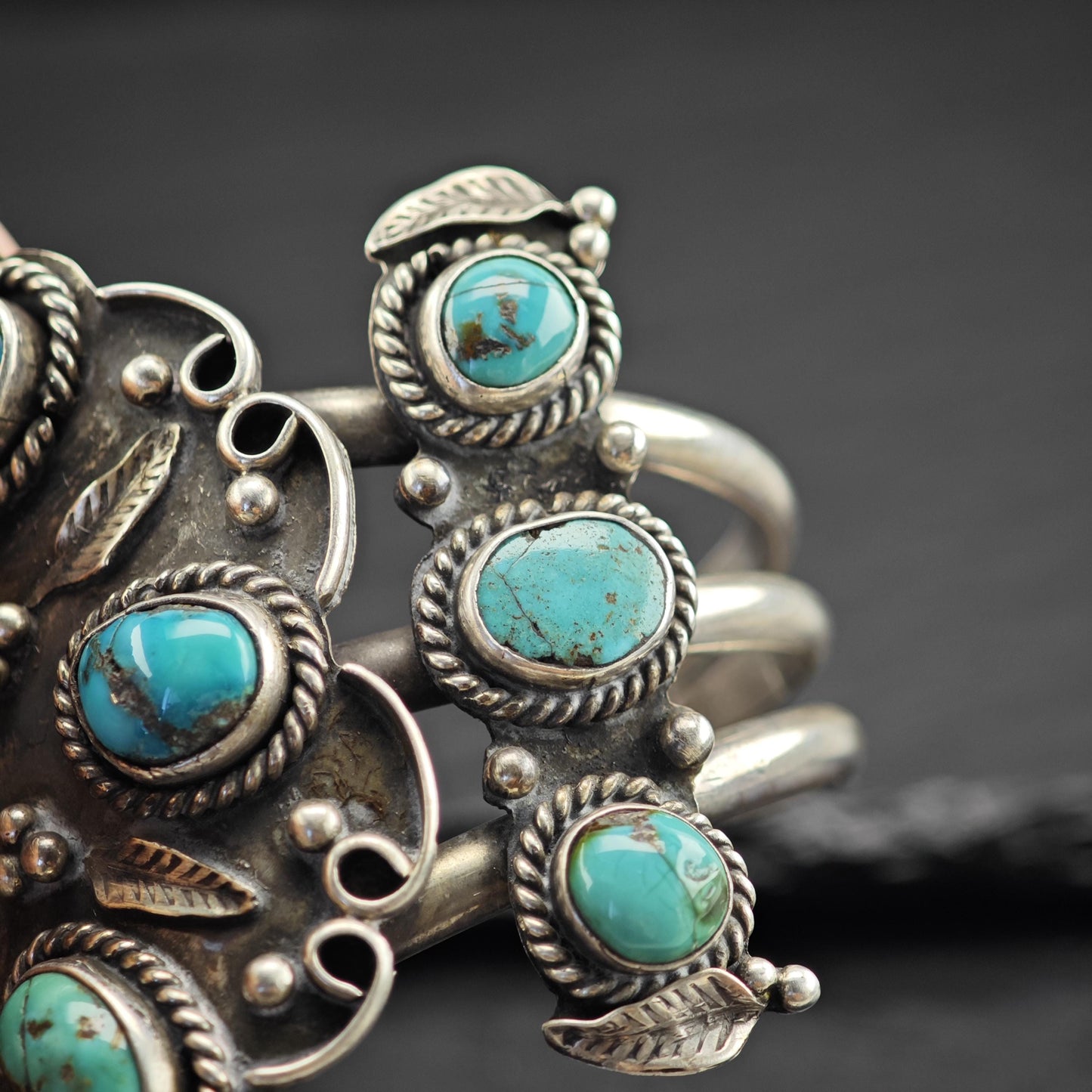 Large Turquoise Floral Cuff Bracelet Native American Sterling Silver