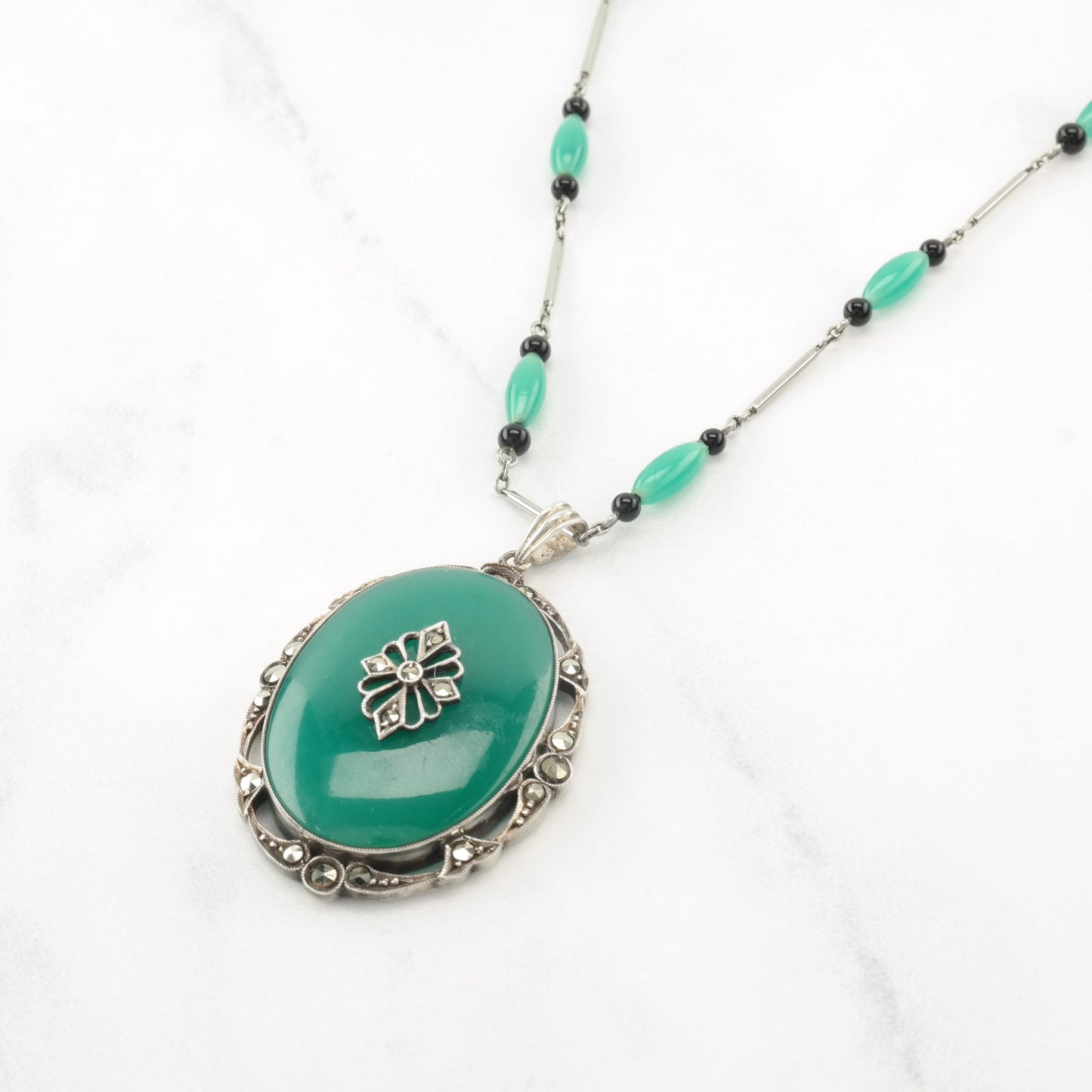 Art Deco Chrysoprase, Onyx, Marcasite Sterling Silver Necklace N2375