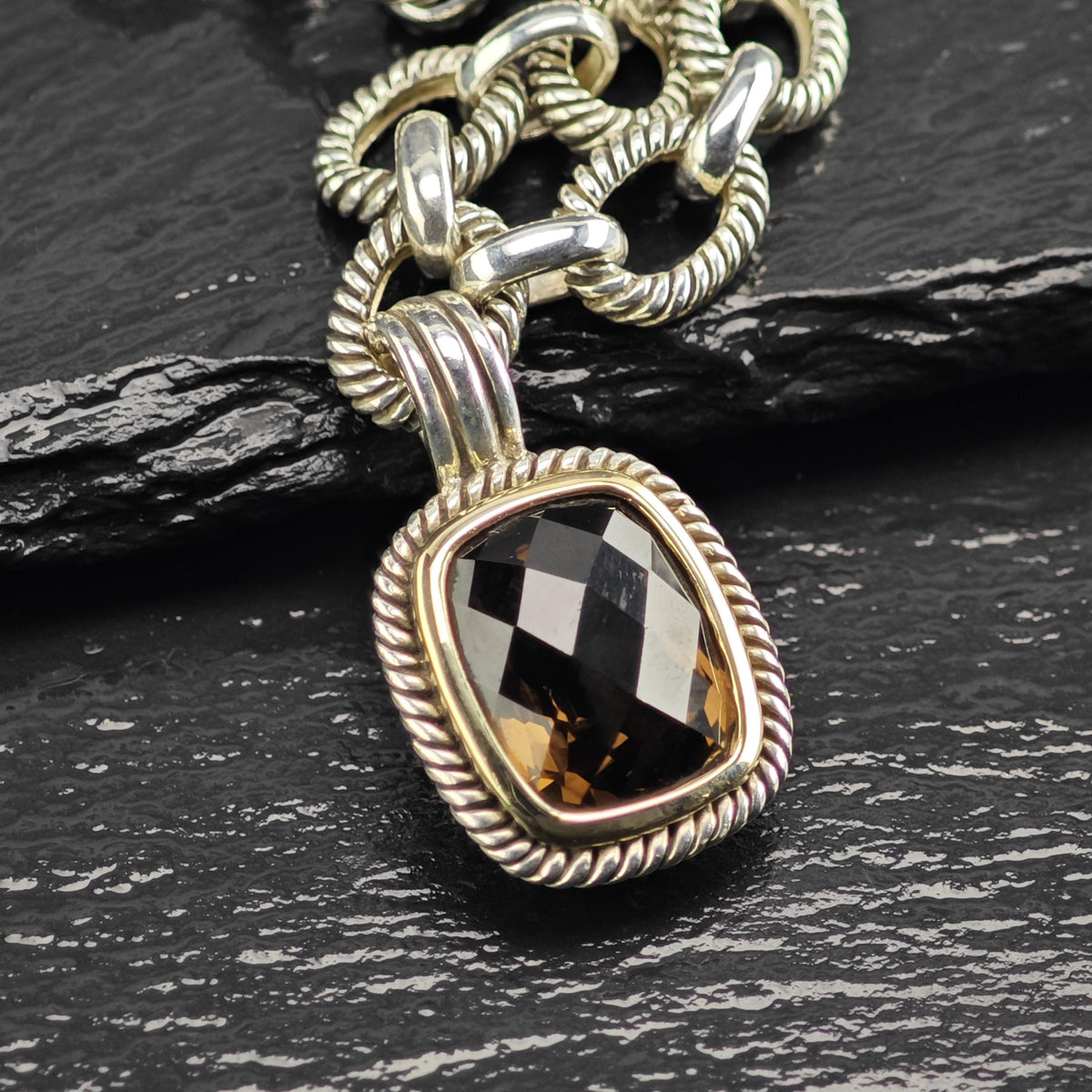 Vintage Michelle Albala Smoky Quartz Gold Bezel Sterling Silver Necklace N2783