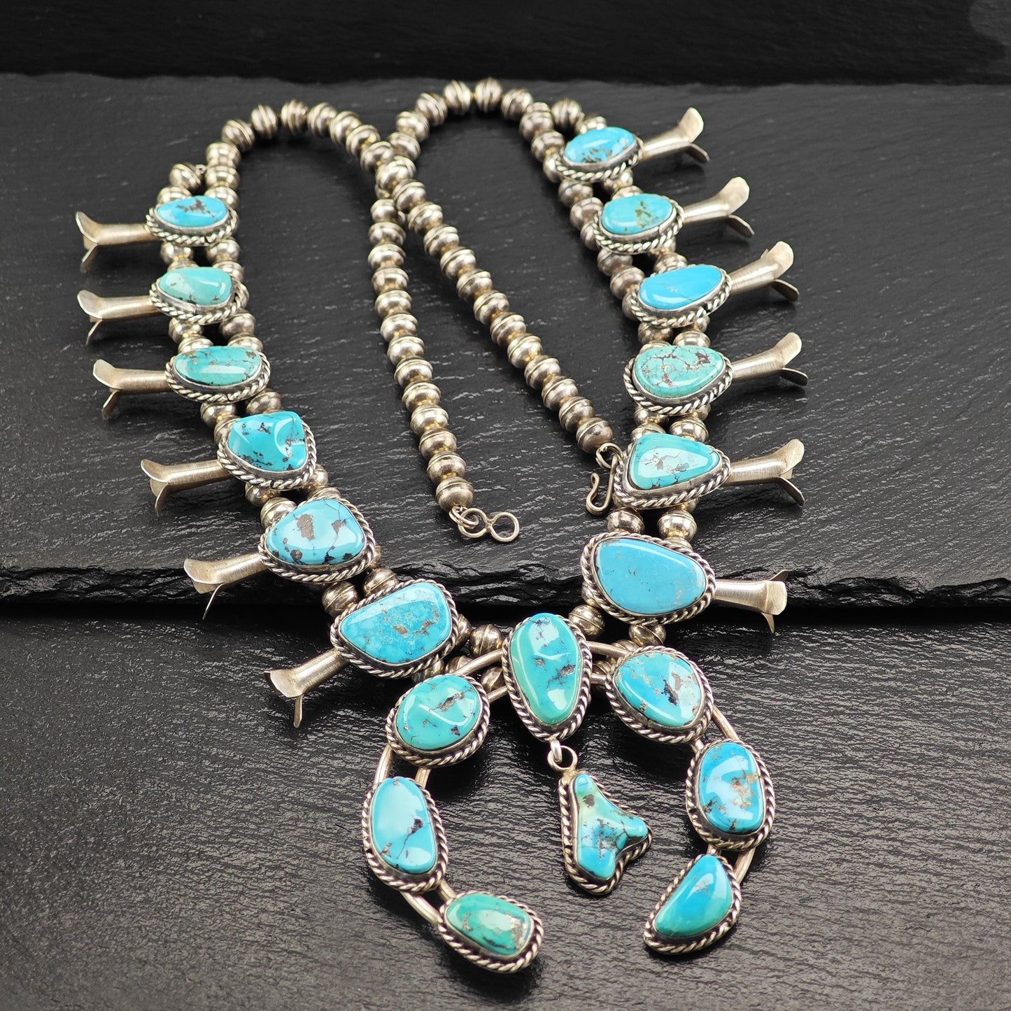 Native American Sleeping Beauty Turquoise Squash Blossom Necklace in Sterling Silver