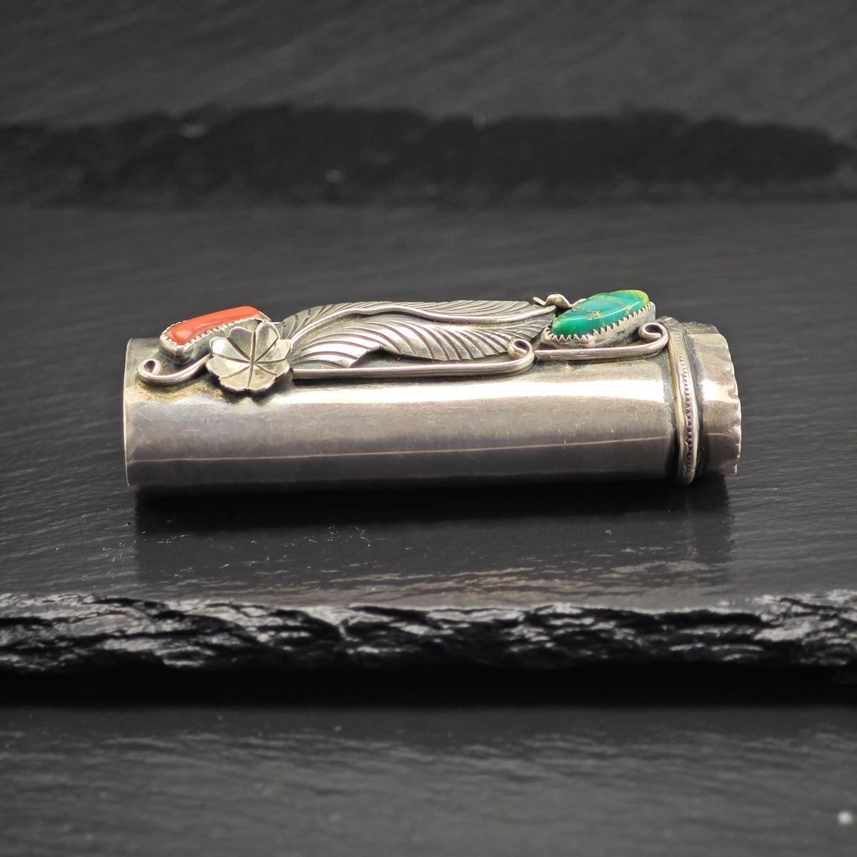 Native American Turquoise & Coral Flora Lighter Cover Sterling Silver MISC0399