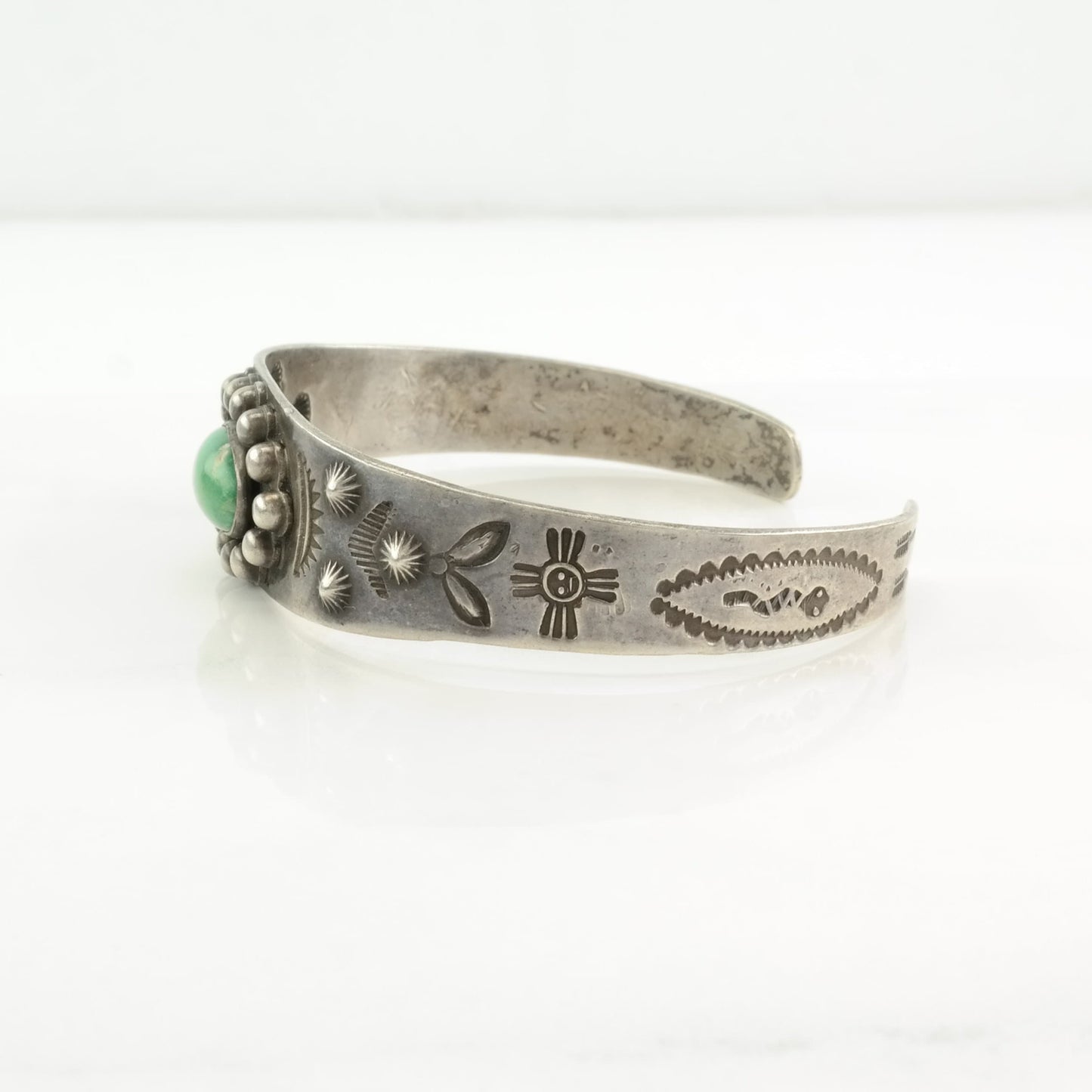 Fred Harvey Era Sterling Silver Cuff Bracelet Green Cerrillos, Turquoise Stamped