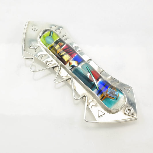 Multicolor Glass Brooch Abstract, Stampwork Sterling Silver