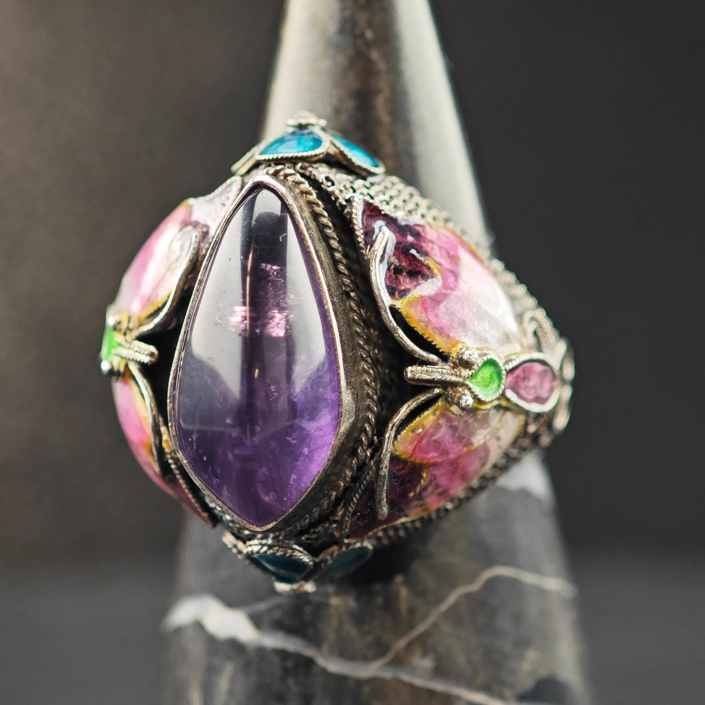 Chinese Export Amethyst, Enamel, Ring Flower Sterling Silver Sz 9