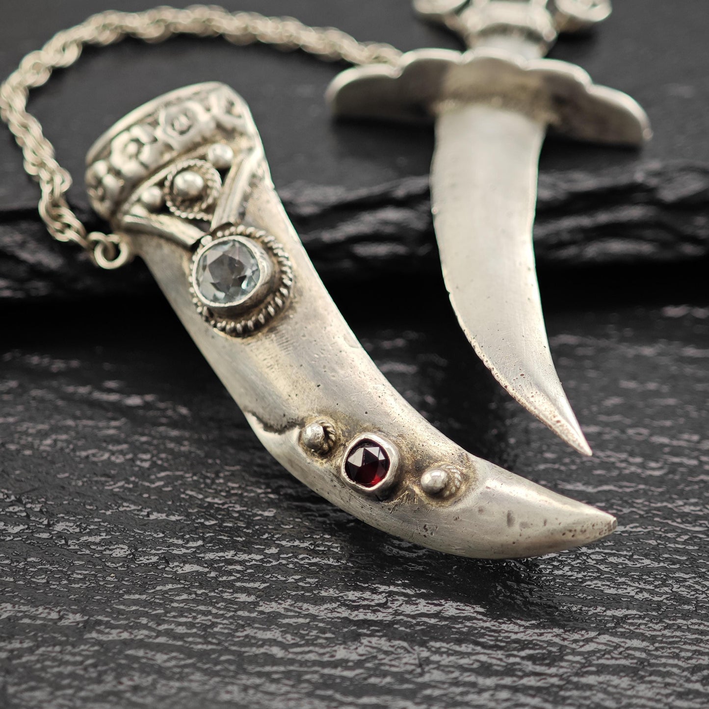 Handmade Sterling Silver Scimitar Brooch with Citrine Aquamarine Garnet Accents