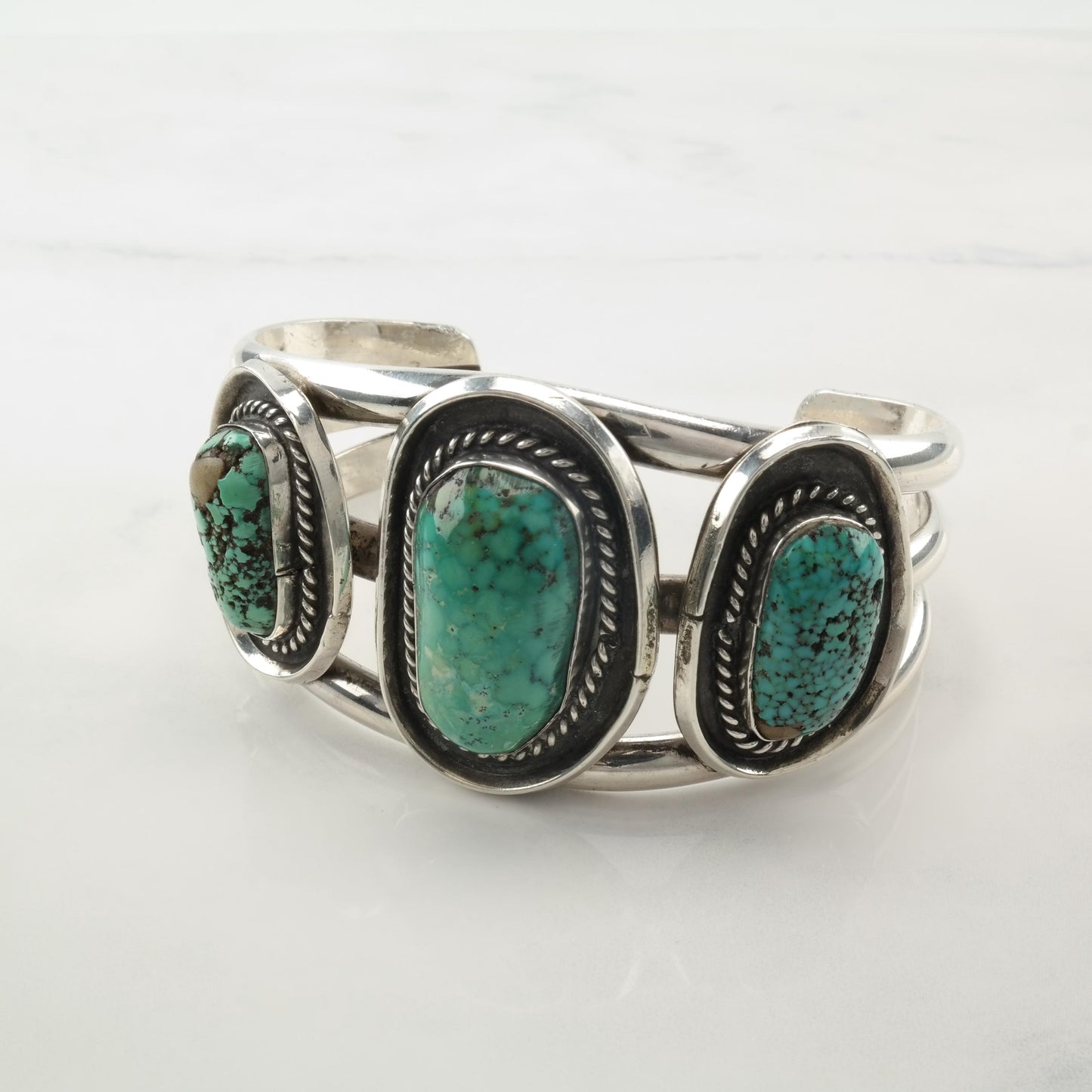 Native American Turquoise Cuff Bracelet Sterling Silver Green Spiderweb Waterweb