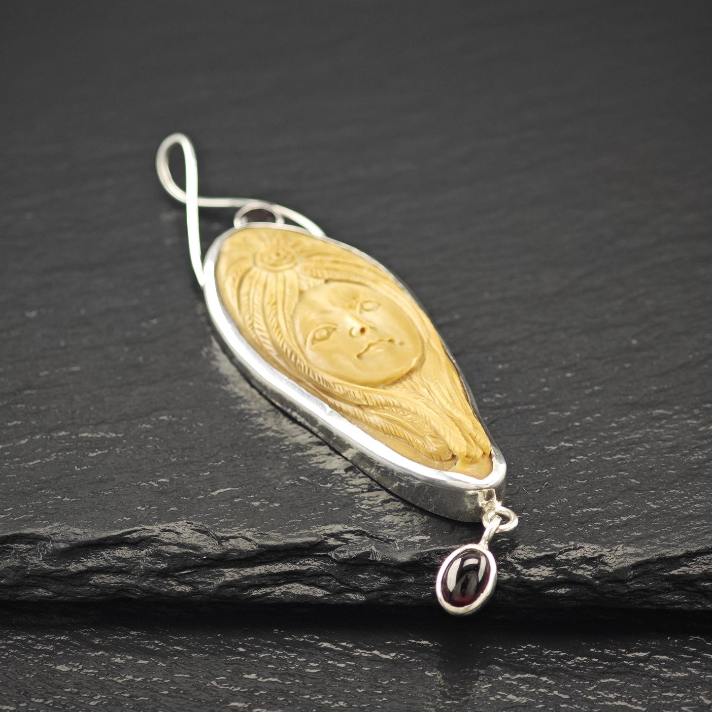 Carved Goddess Face, Garnet Pendant Sterling Silver P2816