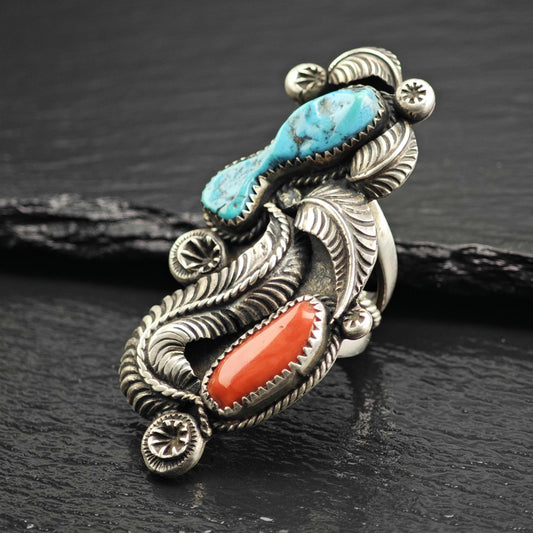 Vintage Large Native American Turquoise & Coral Feather Detail Sterling Silver Ring Sz 6 R6628