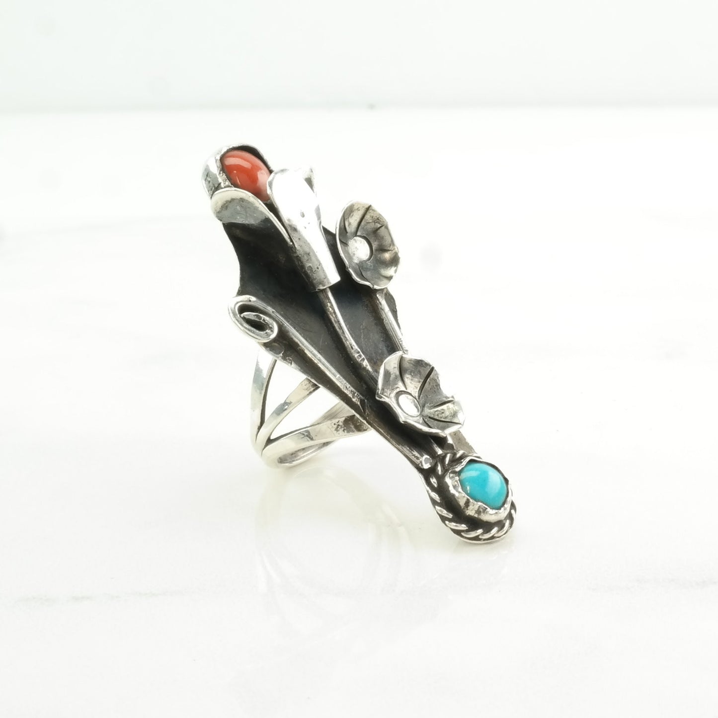 Southwest Silver Ring Turquoise, Coral Floral, Long, Navette Sterling Blue, Red Size 4