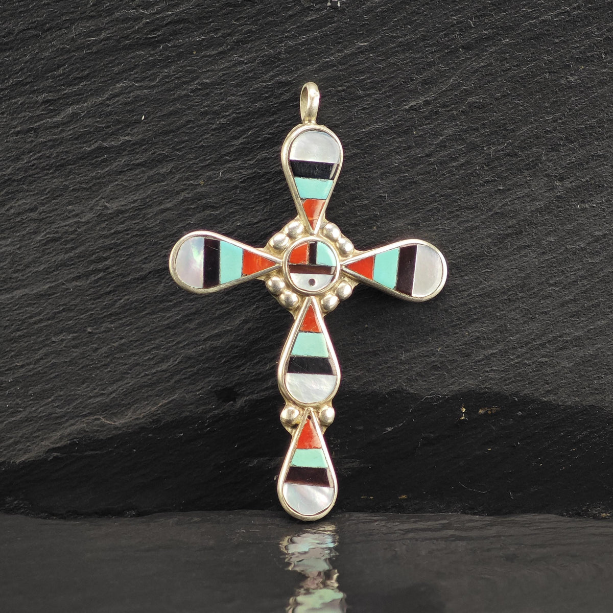 Zuni Sunface Multistone Inlay Cross Sterling Silver Pendant P3139