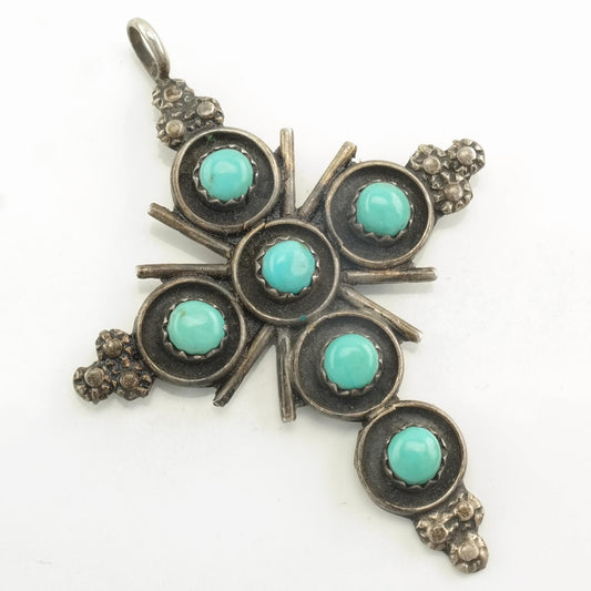 Vintage Zuni Turquoise Cross, Snake Eye Sterling Silver Pendant