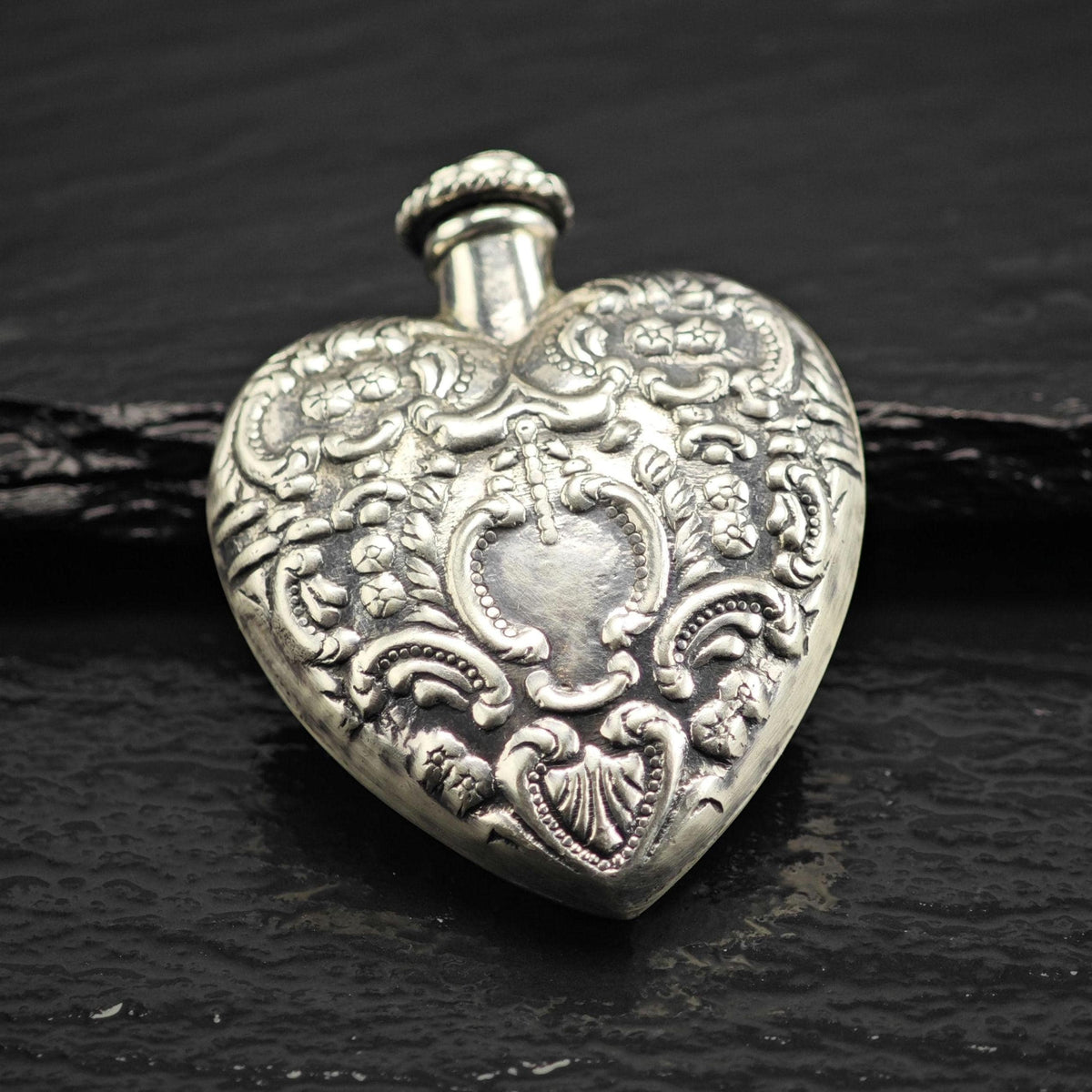 Art Nouveau Repousse Heart Shaped Sterling Silver Posion Bottle MISC0405