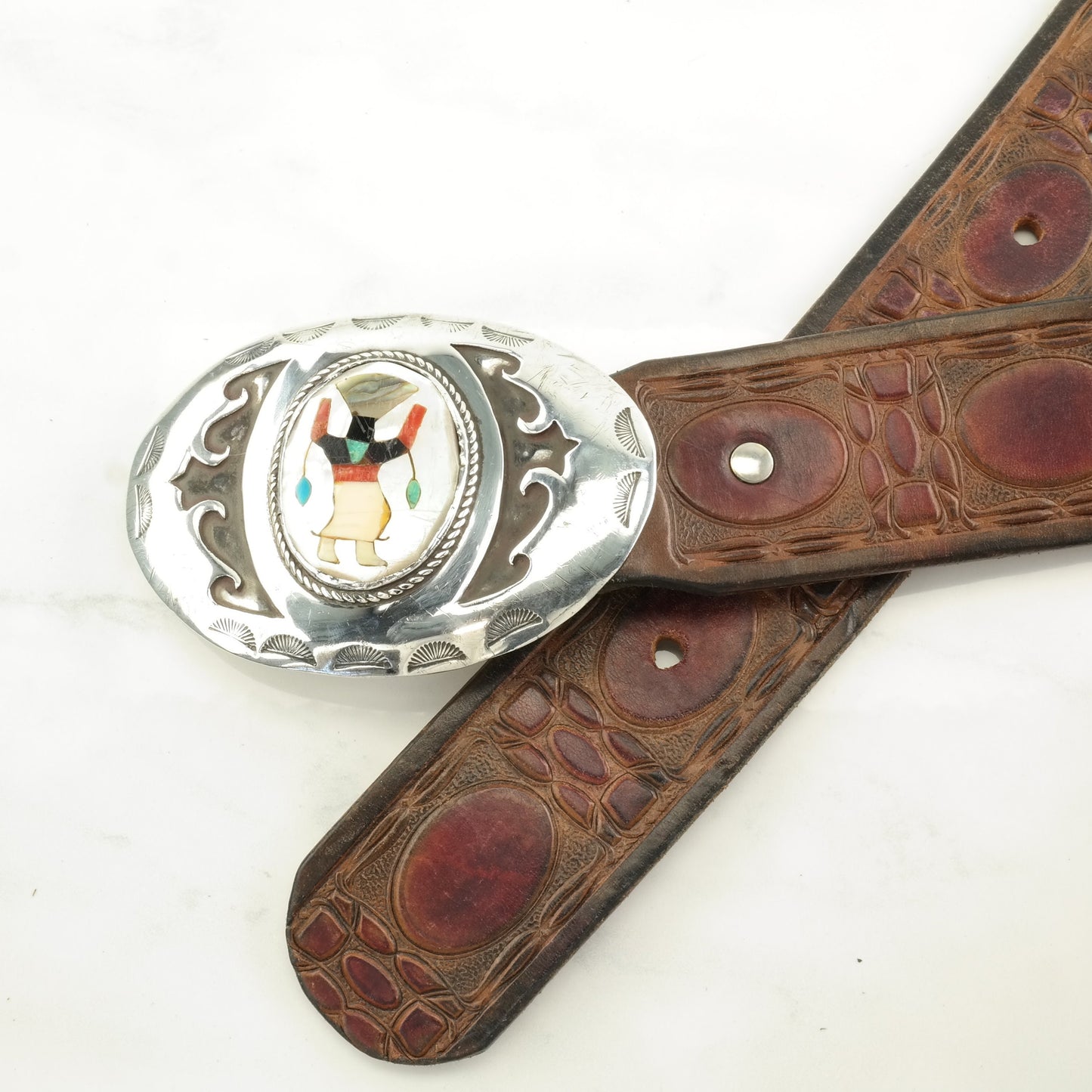 Signed Native American Leather Belt with MOP, Onyx, Inlay Dancing Figure Sterling Silver Buckle