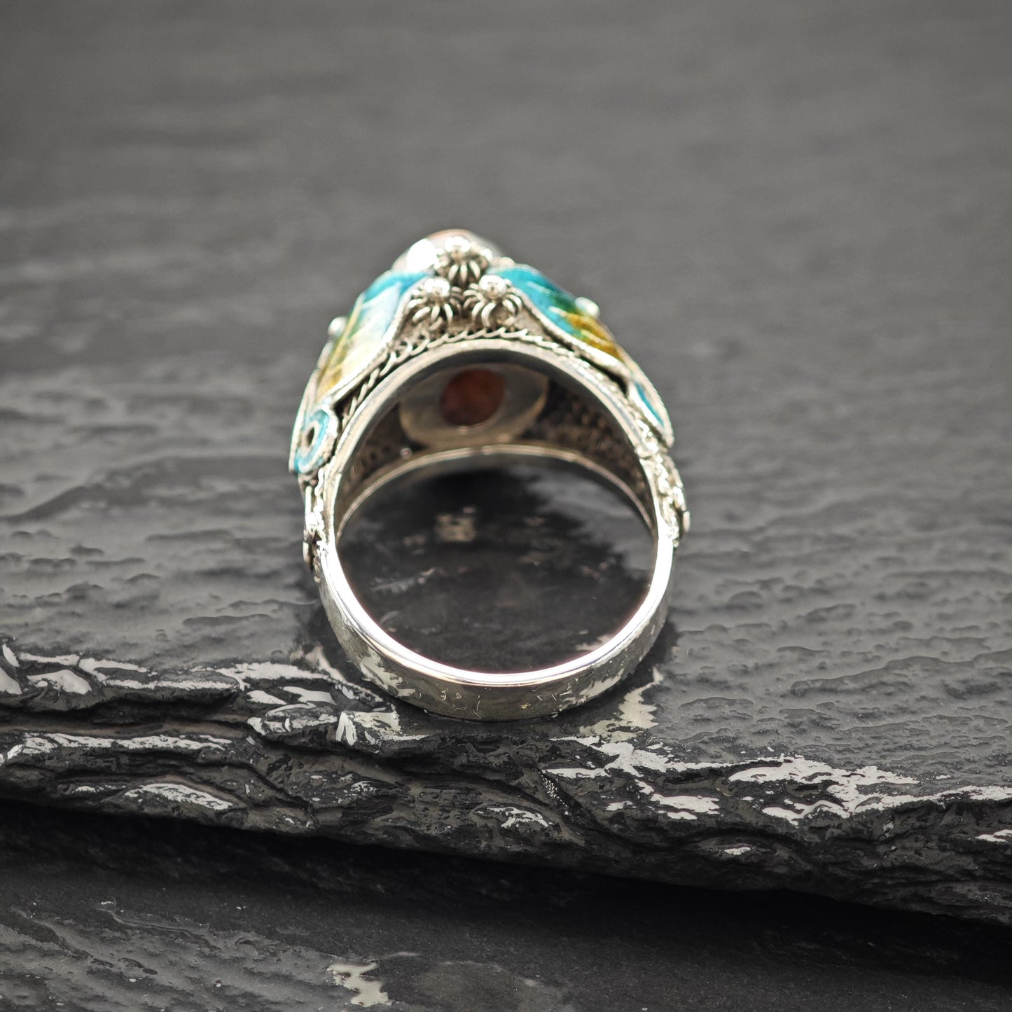 Chinese Export Enamel Butterfly Ring Sterling Silver Size 6