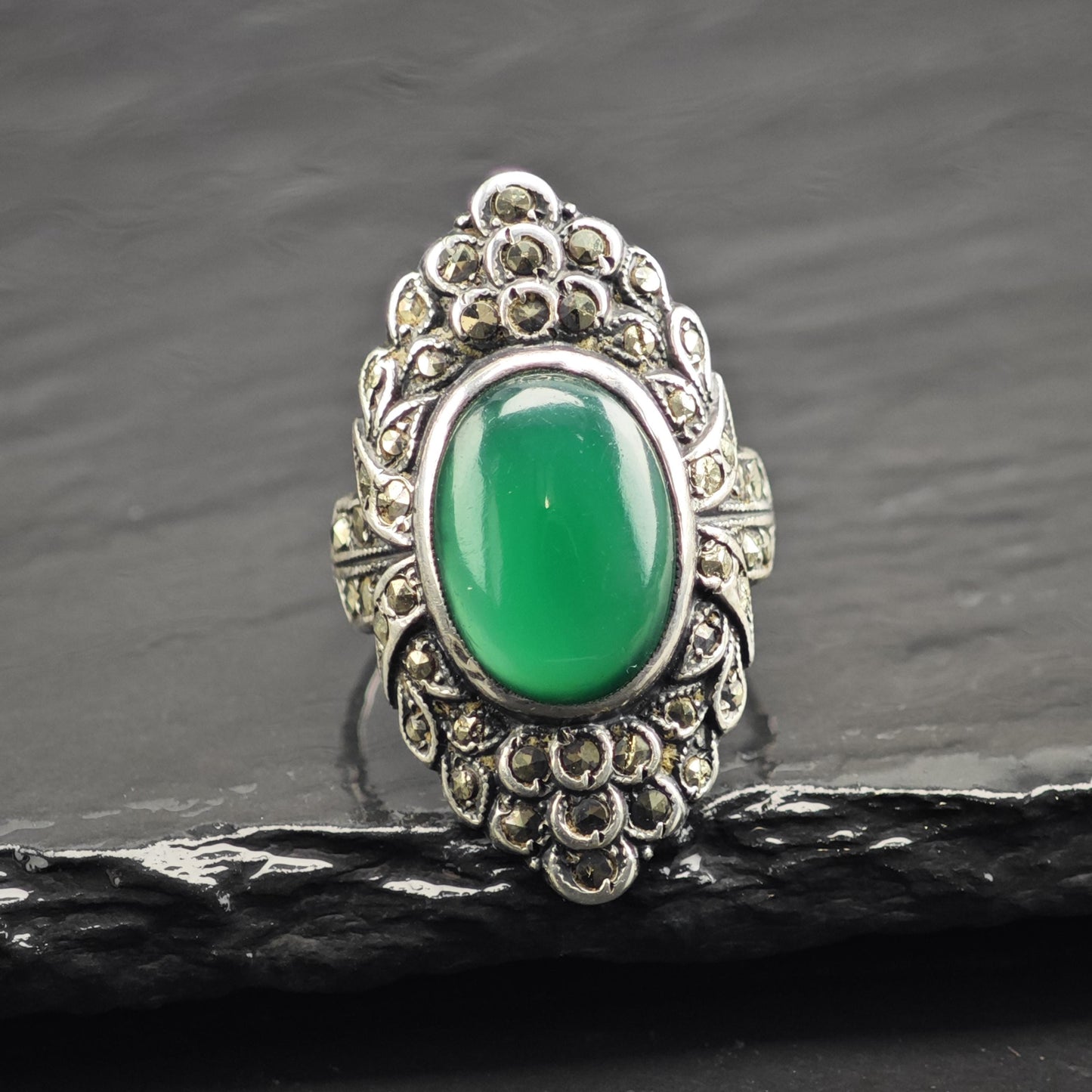 Art Deco Chrysoprase Sterling Silver Ring Sz 6 3/4 R6708