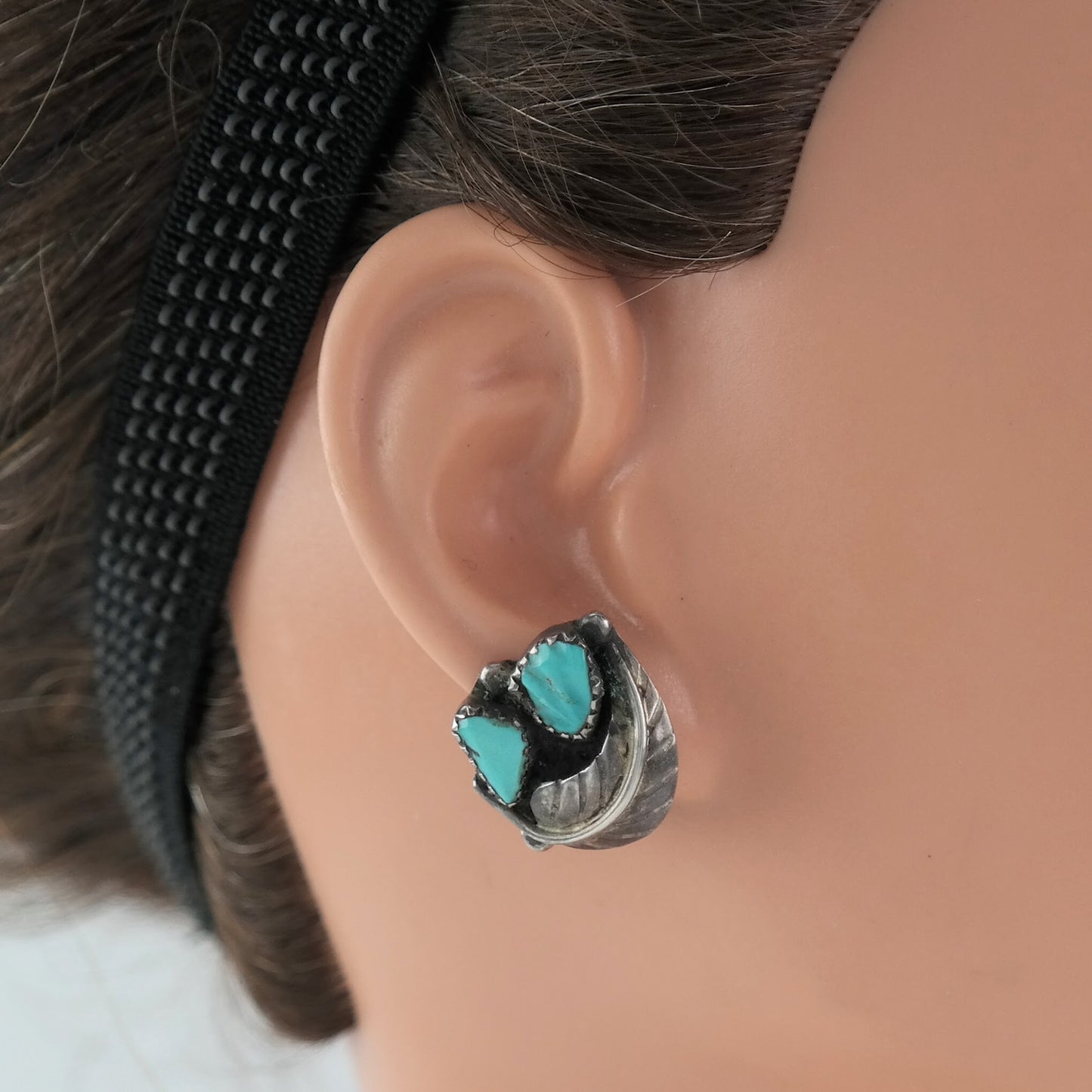 Native American Sterling Silver Carved, Turquoise Feather Earrings Clip on