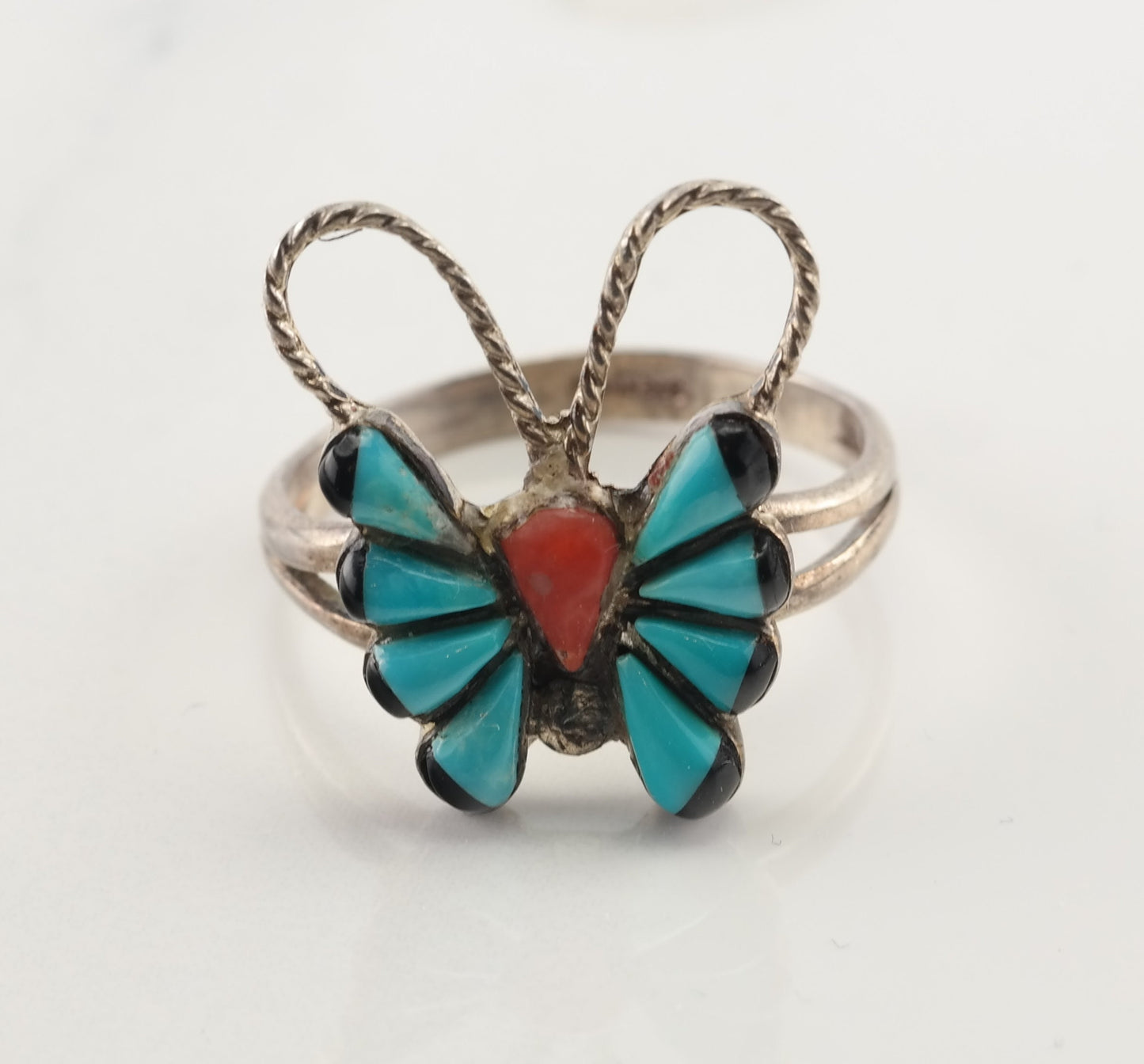 Southwest Silver Ring Inlay Butterfly Sterling Blue, Orange Size 8 3/4