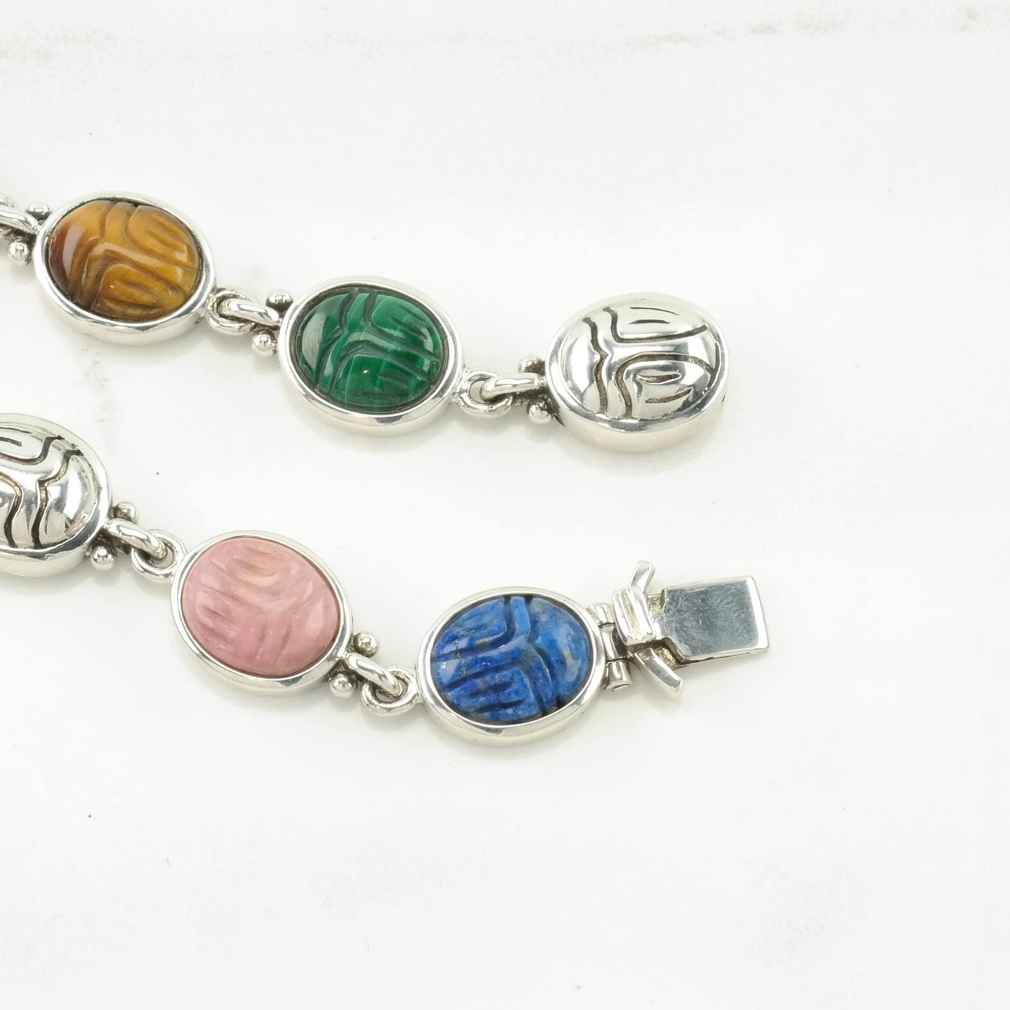 Choice Whitney Kelly Sterling Silver Link Bracelet Multi Stone Scarab, Carved