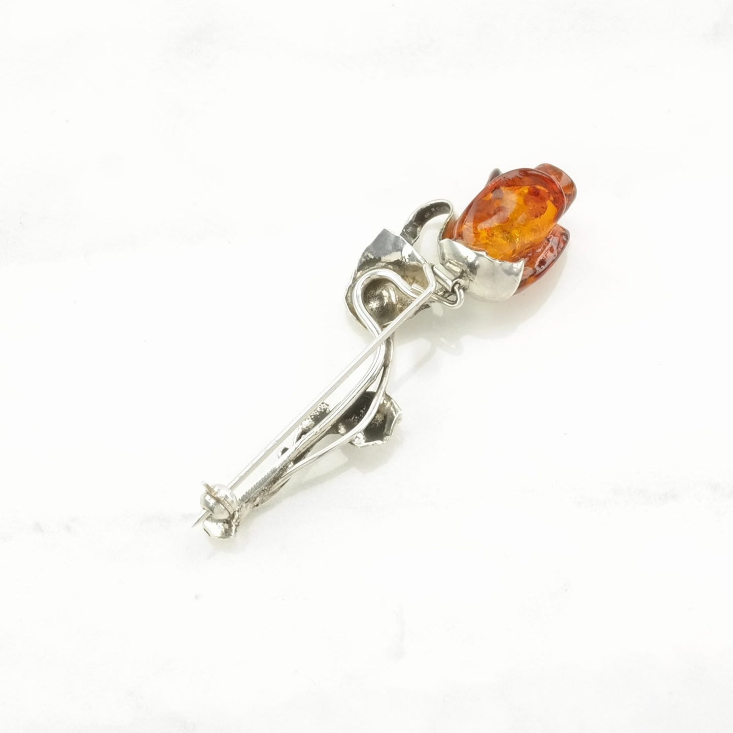 Vintage Orange Silver Brooch Rose Amber Sterling