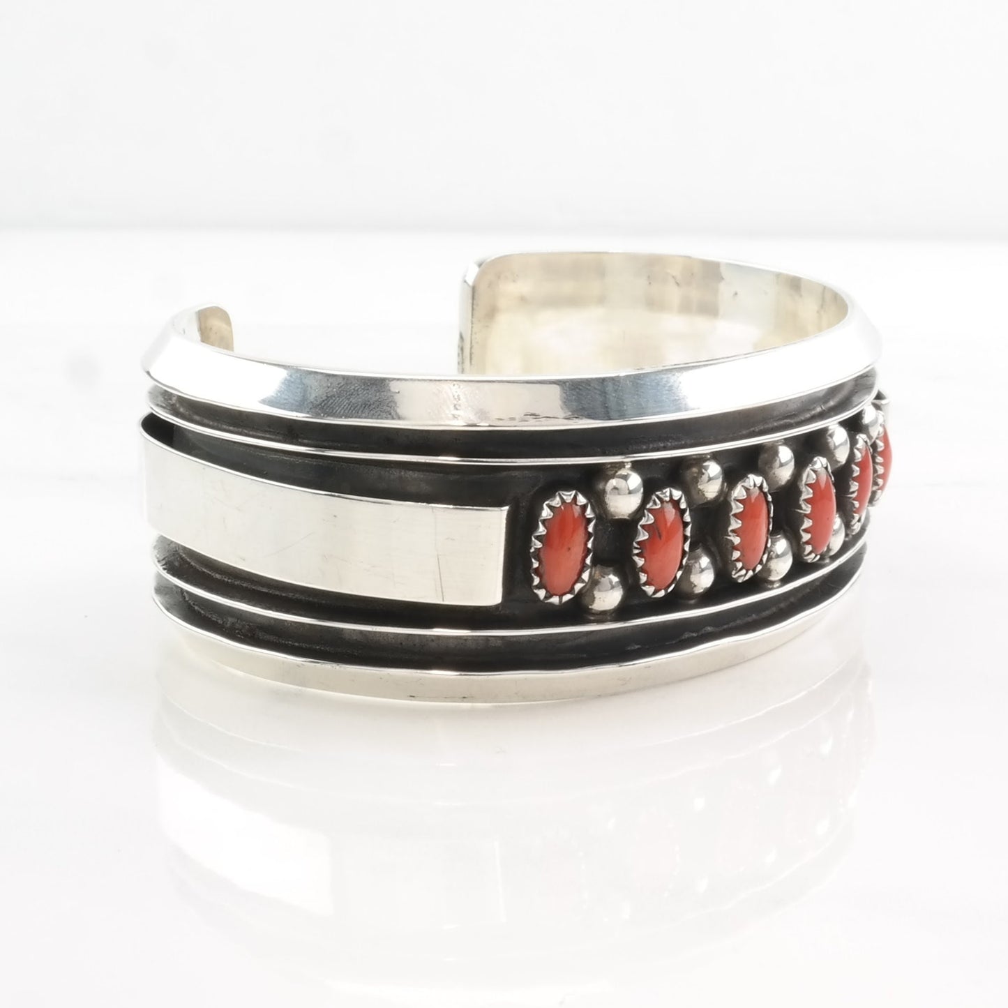 Native American Coral Cuff Bracelet Sterling Silver Red Shadowbox Incise