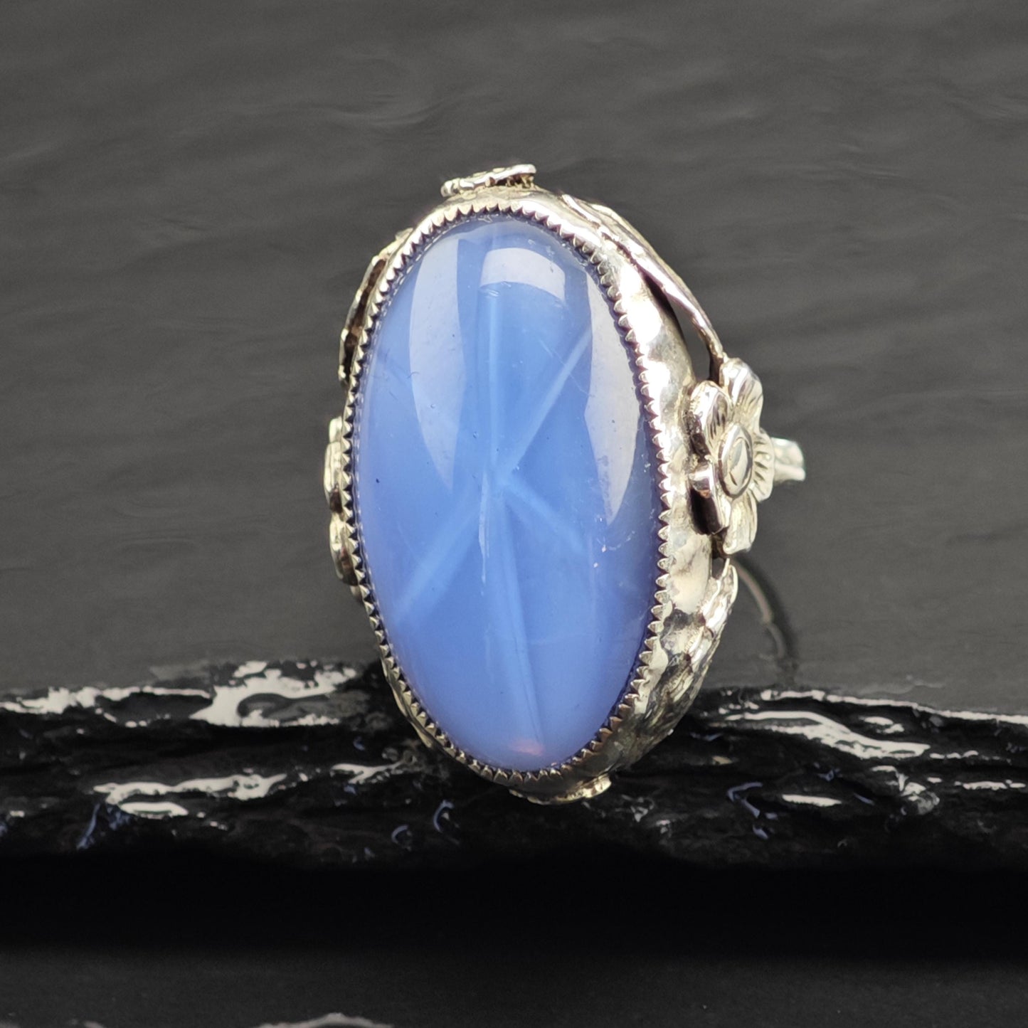 Art Nouveau Blue Stone Sterling Silver Ring Sz 5 1/2 R6738