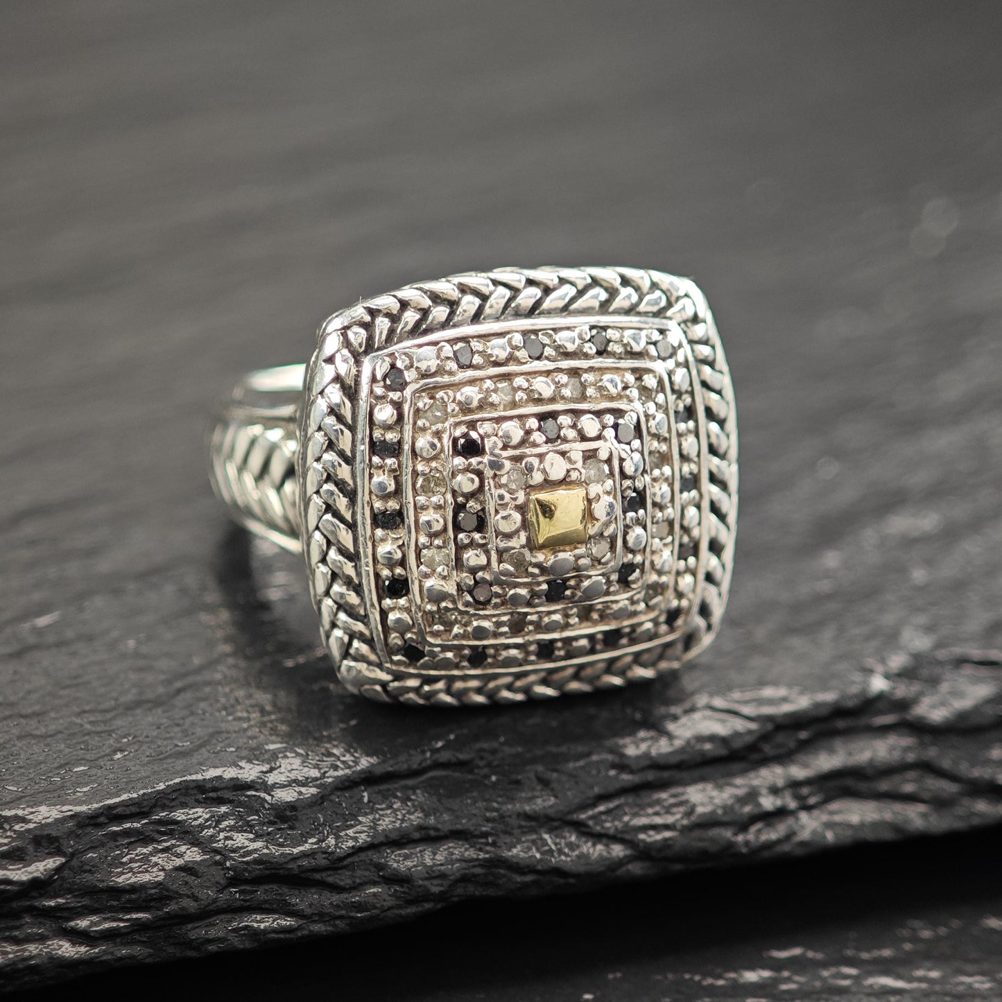Ring Sterling Silver Squared Dome Black And White Diamond 14K Gold Accent R5843