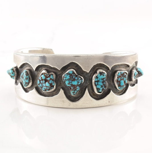 Native American Sterling Silver Cuff Bracelet Spiderweb Turquoise Nuggets