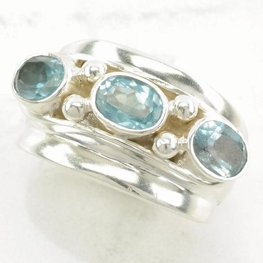 Vintage Heavy Sterling Silver Ring Topaz, Three Stone Blue Size 9