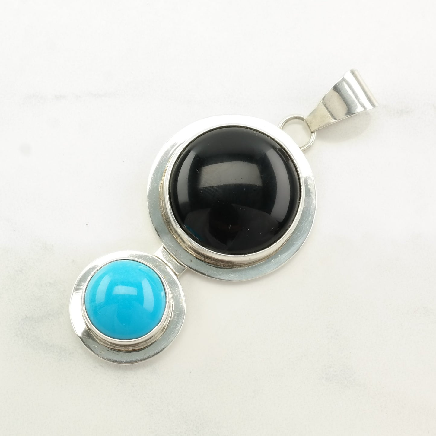 Choice Vintage Southwest Onyx, Turquoise Sterling Silver Pendant