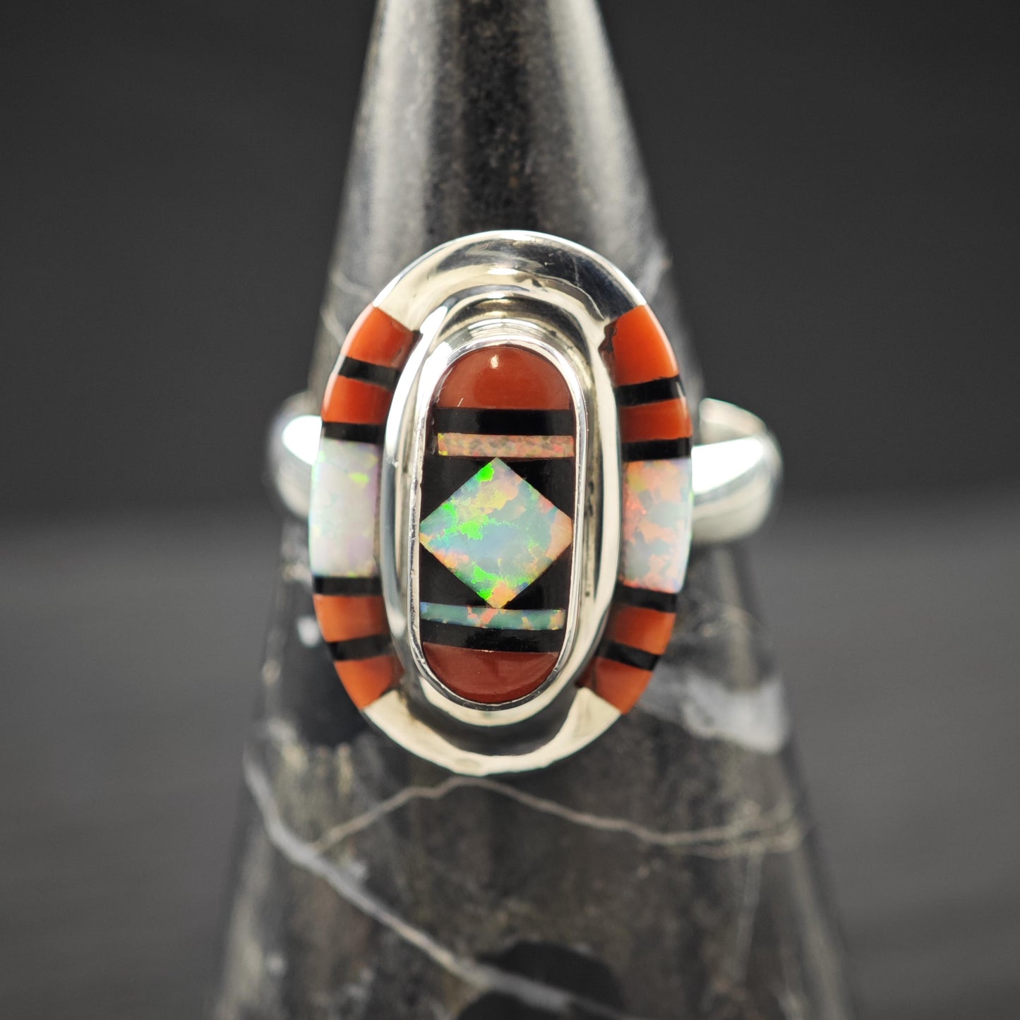 Native Opal, Coral Inlay Ring Sterling Silver Sz 9 1/2 R5952