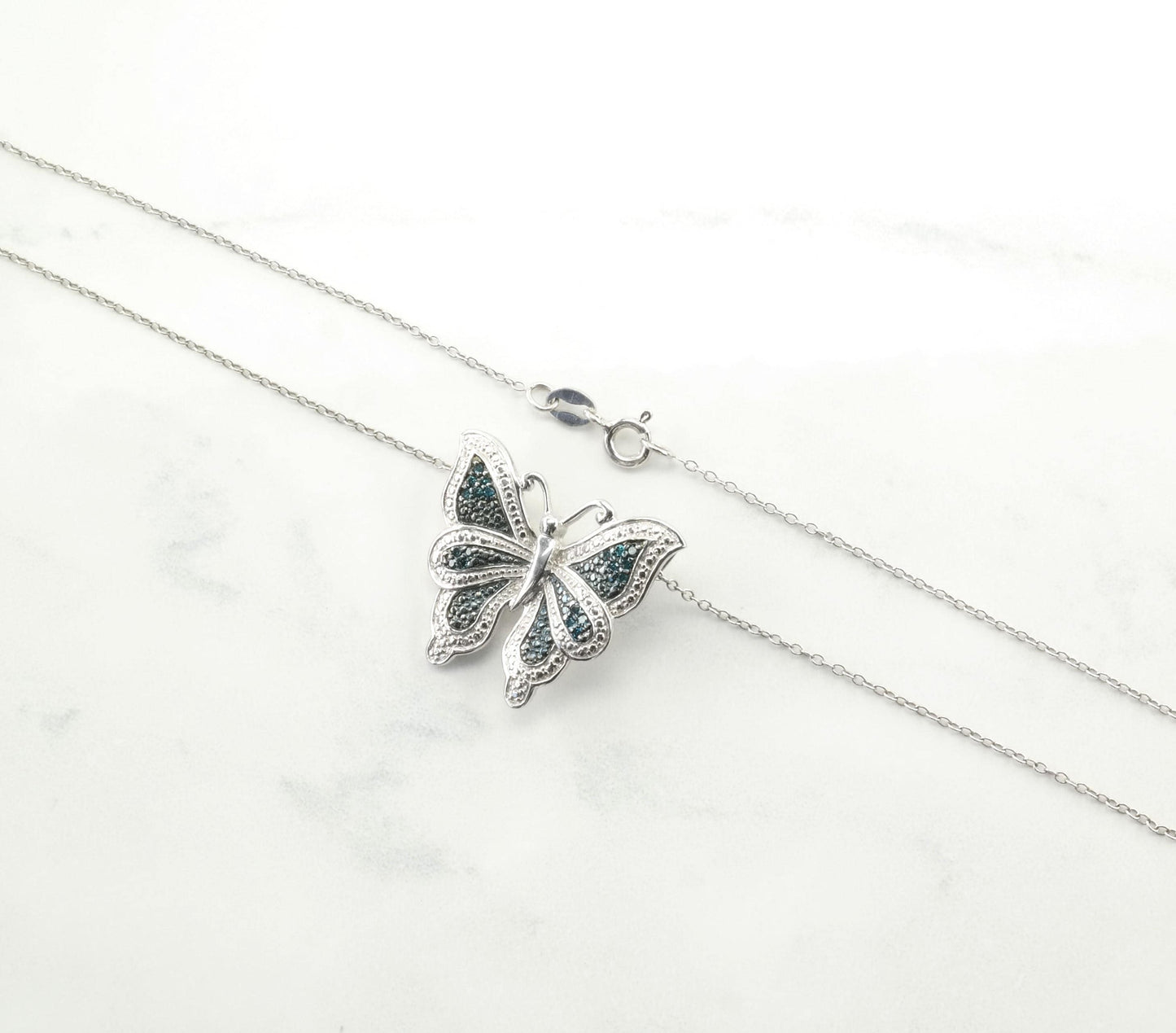 Butterfly Blue Diamond Necklace Sterling Silver