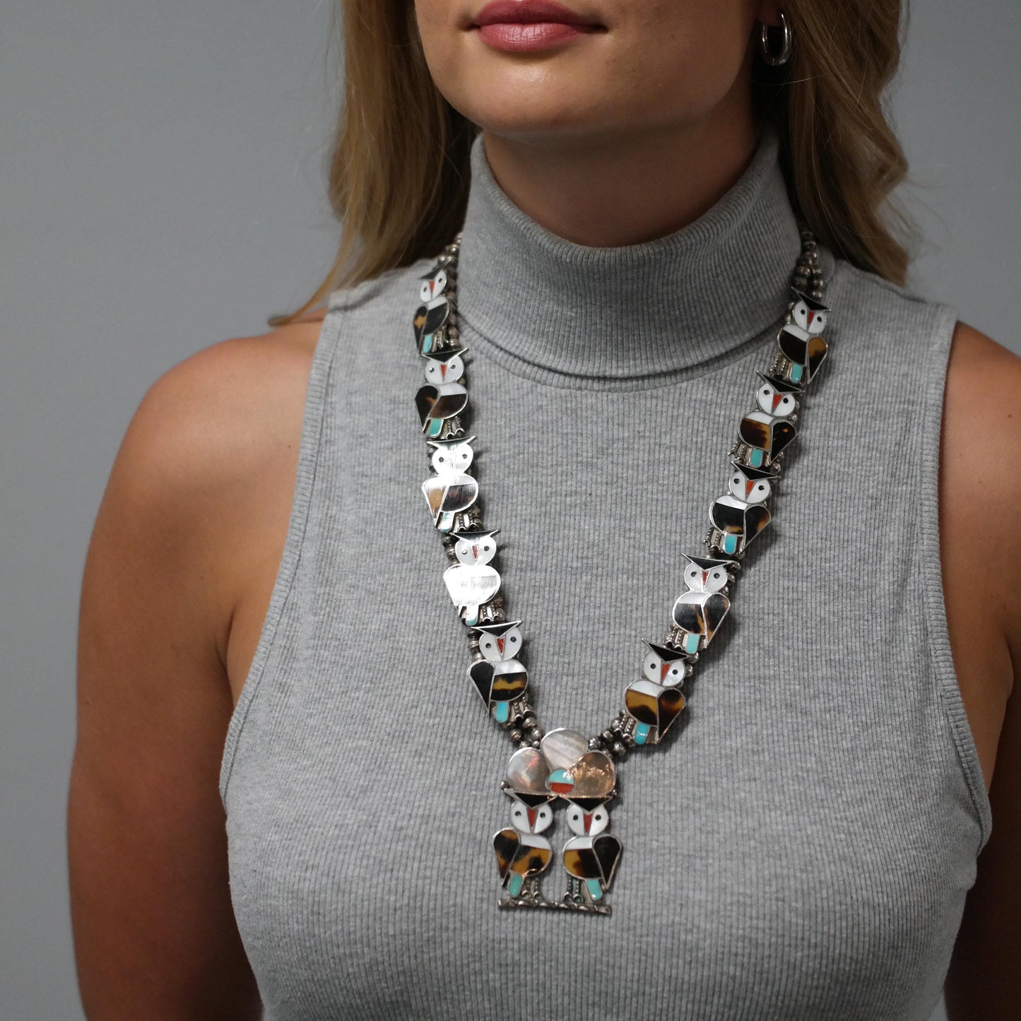 Zuni Owl Inlay Squash Blossom Native American Sterling Silver Necklace