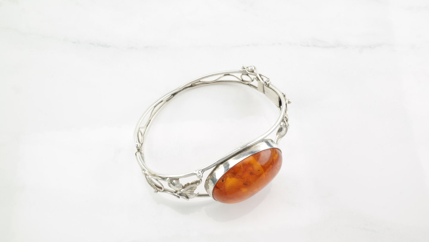 Modernist Sterling Silver Bangle Bracelet Orange Natural Amber