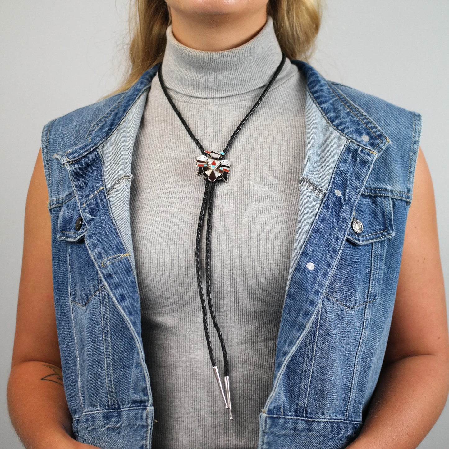 Vintage Native American Sterling Silver, Inlay Thunderbird Bolo Tie Necklace N2743