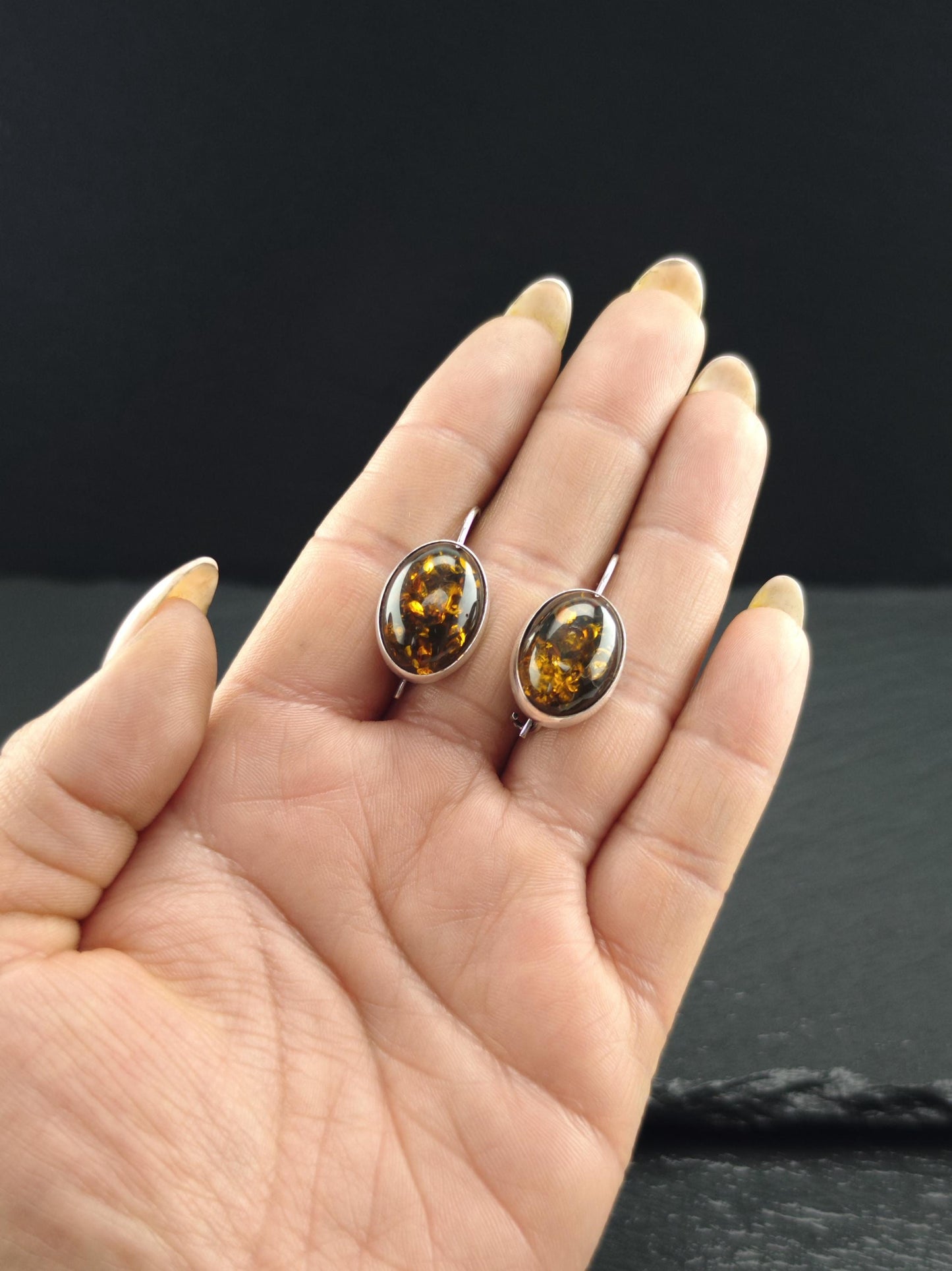 Vintage Brown Amber Oval, Fish Hook Earrings Sterling Silver