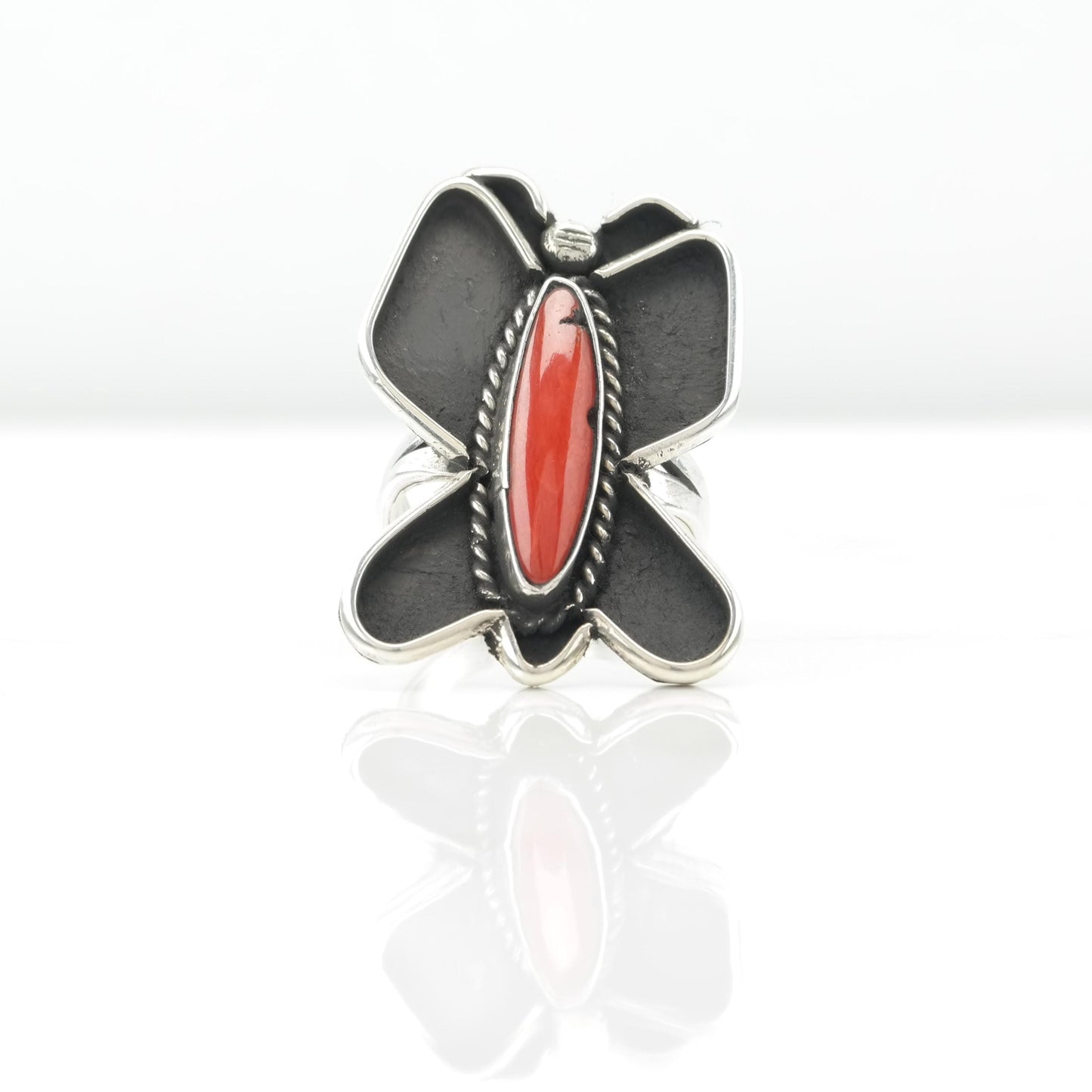 Native American Coral Butterfly Silver Ring, Shadow Box Sterling Size 7 1/2