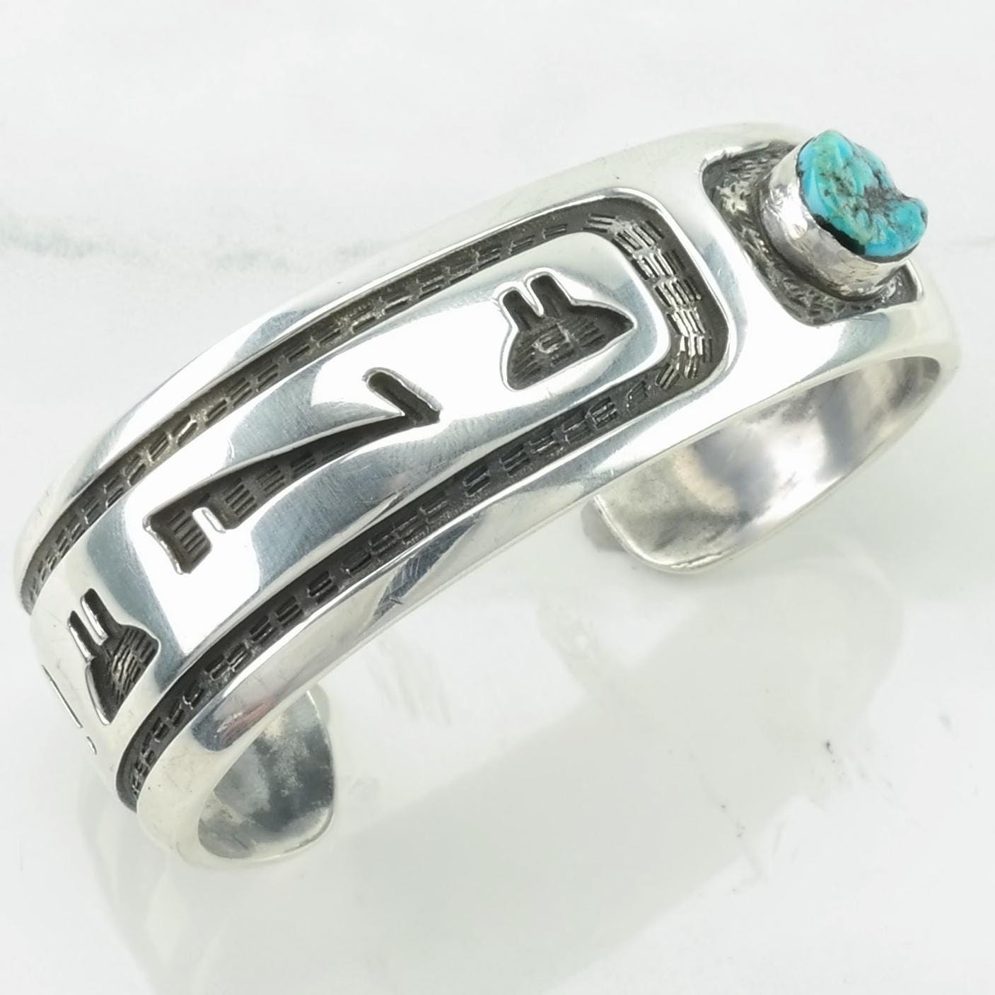 Hopi, Native American Sterling Silver Cuff Bracelet Blue Turquoise Asymmetrical, Overlay