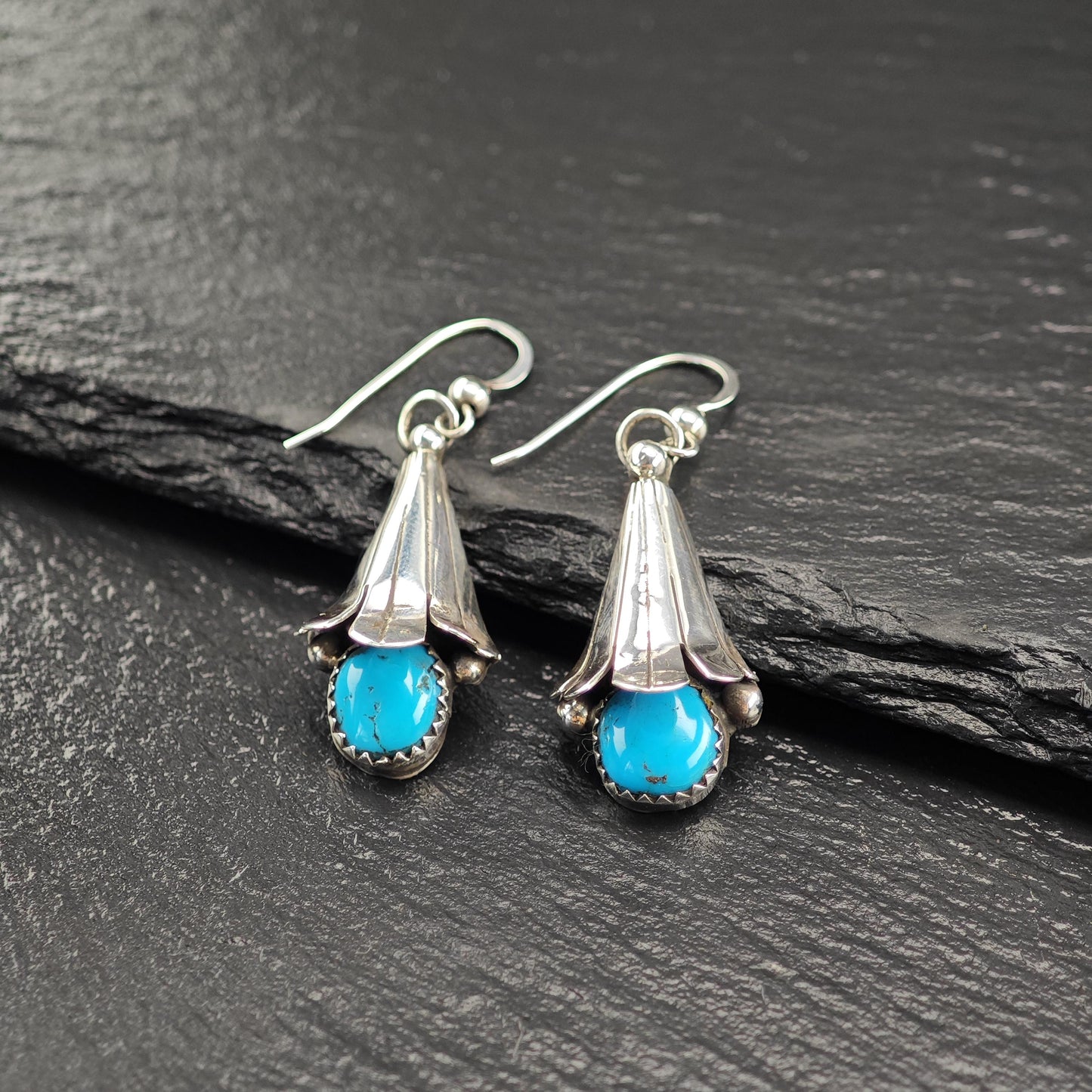 Vintage Blue Turquoise Blossom, Fish Hook Earrings Sterling Silver