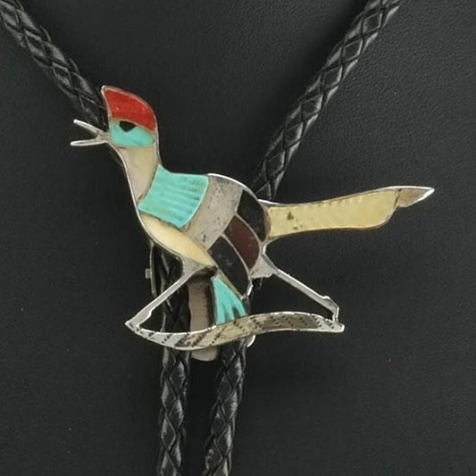 Vintage Zuni Inlay Bolo Tie Roadrunner Native American Sterling Silver Turquoise Coral Necklace