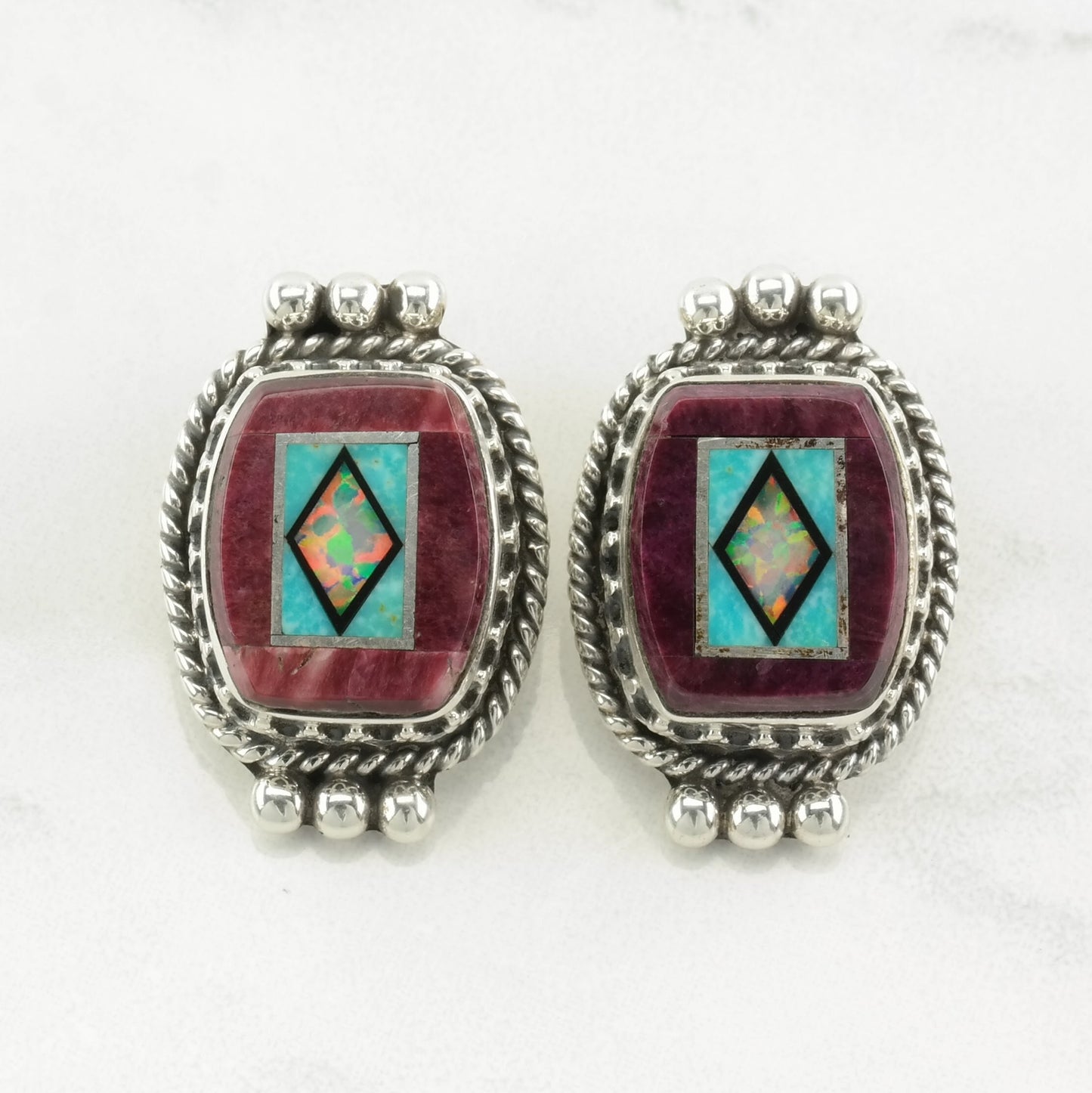 Southwest Sterling Silver Opal, Multi Gem Intarsia, Inlay Earrings Clip on