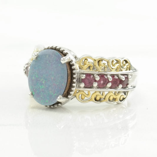 Sterling Silver Ring Opal Doublet, Pink Garnet Gold Hue Size 6