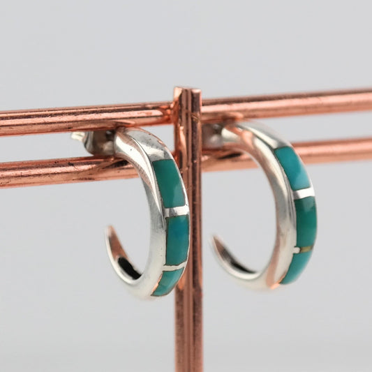 Southwest Sterling Silver Turquoise Inlay Earrings Hoop