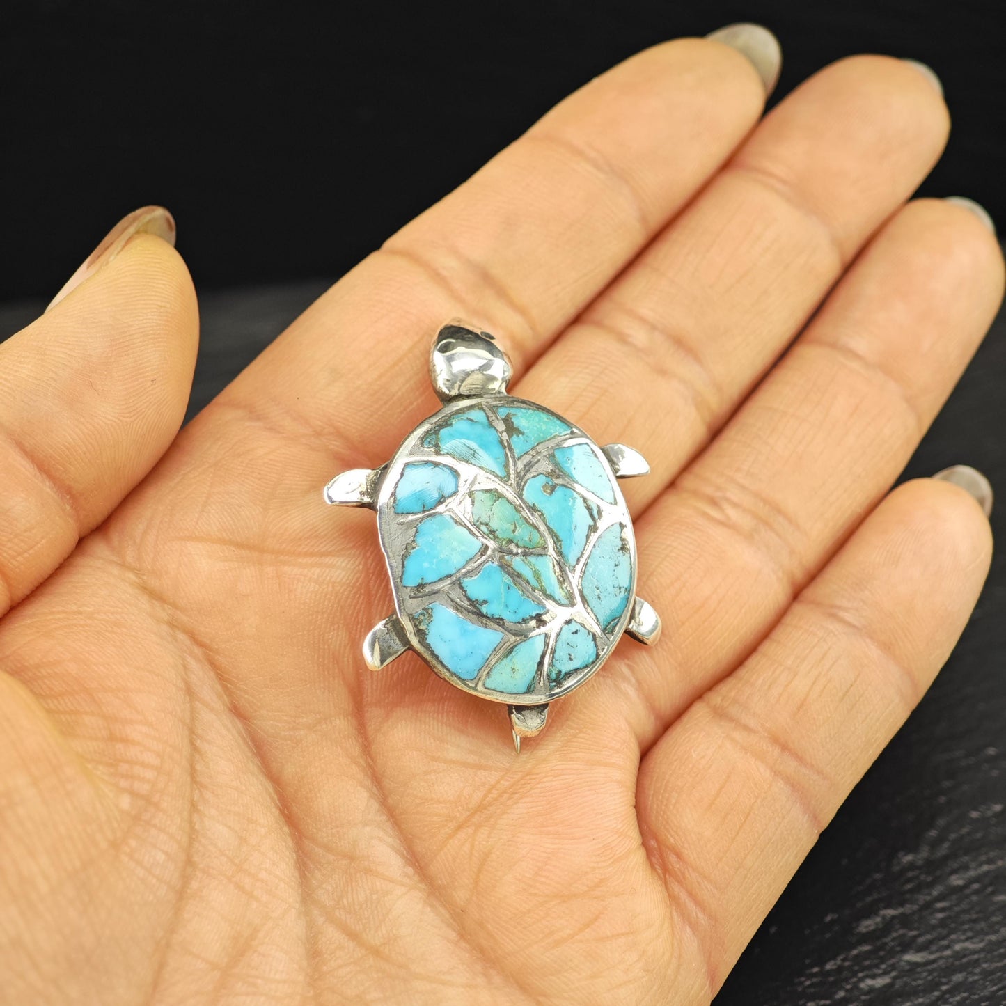 Zuni Sterling Silver Brooch Turtle, Inlay Blue Turquoise